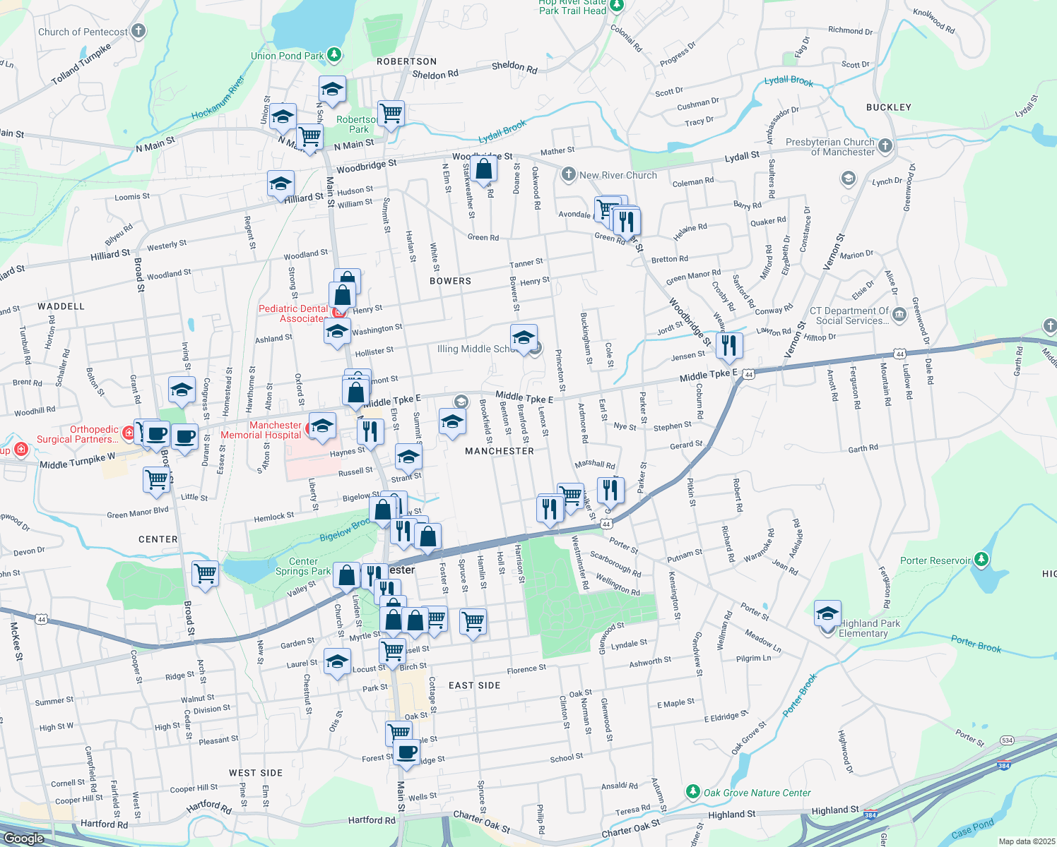 map of restaurants, bars, coffee shops, grocery stores, and more near 141 Branford Street in Manchester