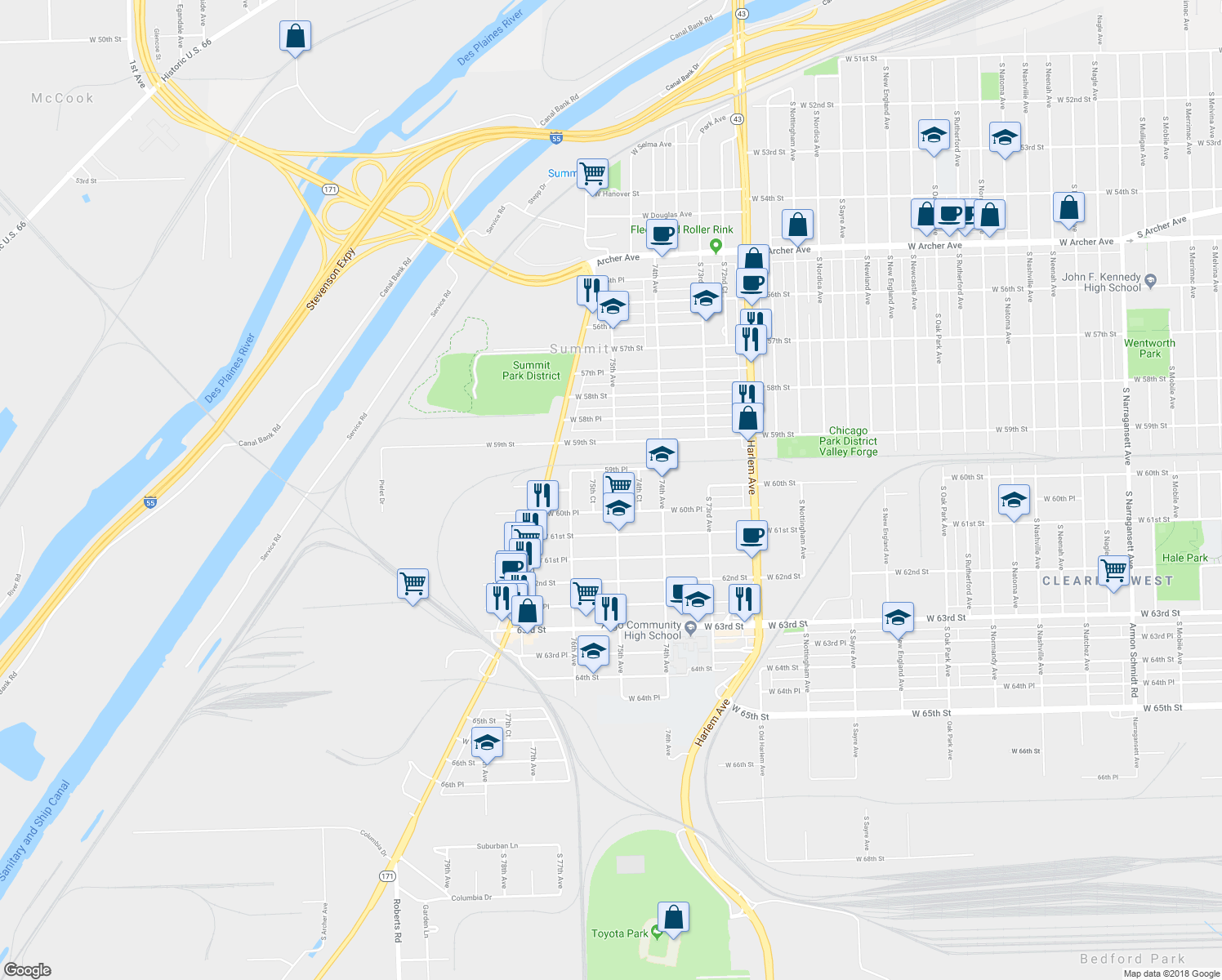 map of restaurants, bars, coffee shops, grocery stores, and more near 6058 75th Avenue in Summit