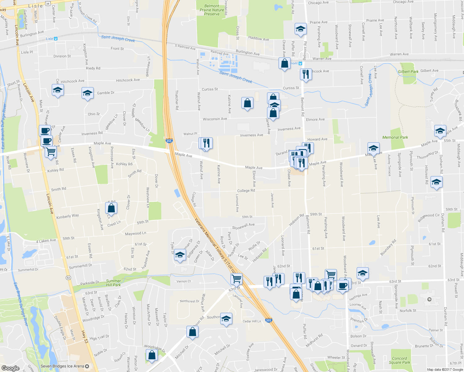 map of restaurants, bars, coffee shops, grocery stores, and more near 5630 Lomond Avenue in Downers Grove