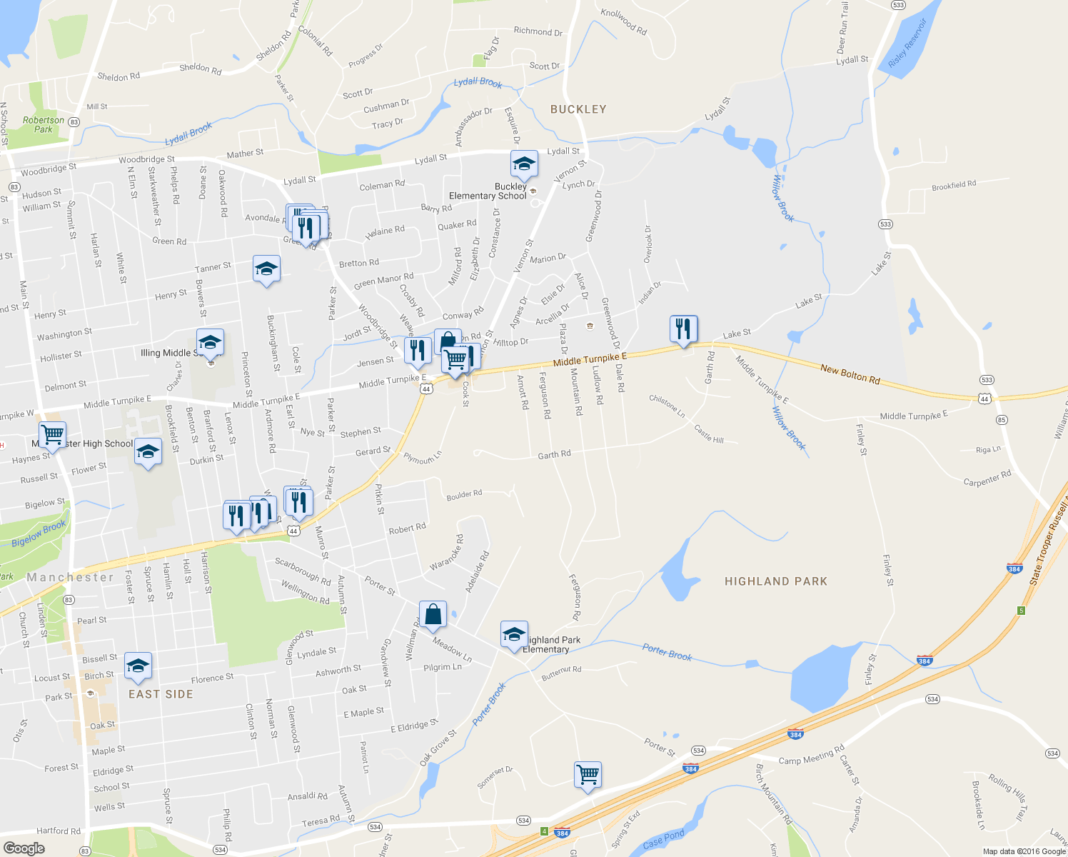 map of restaurants, bars, coffee shops, grocery stores, and more near 79 Arnott Road in Manchester