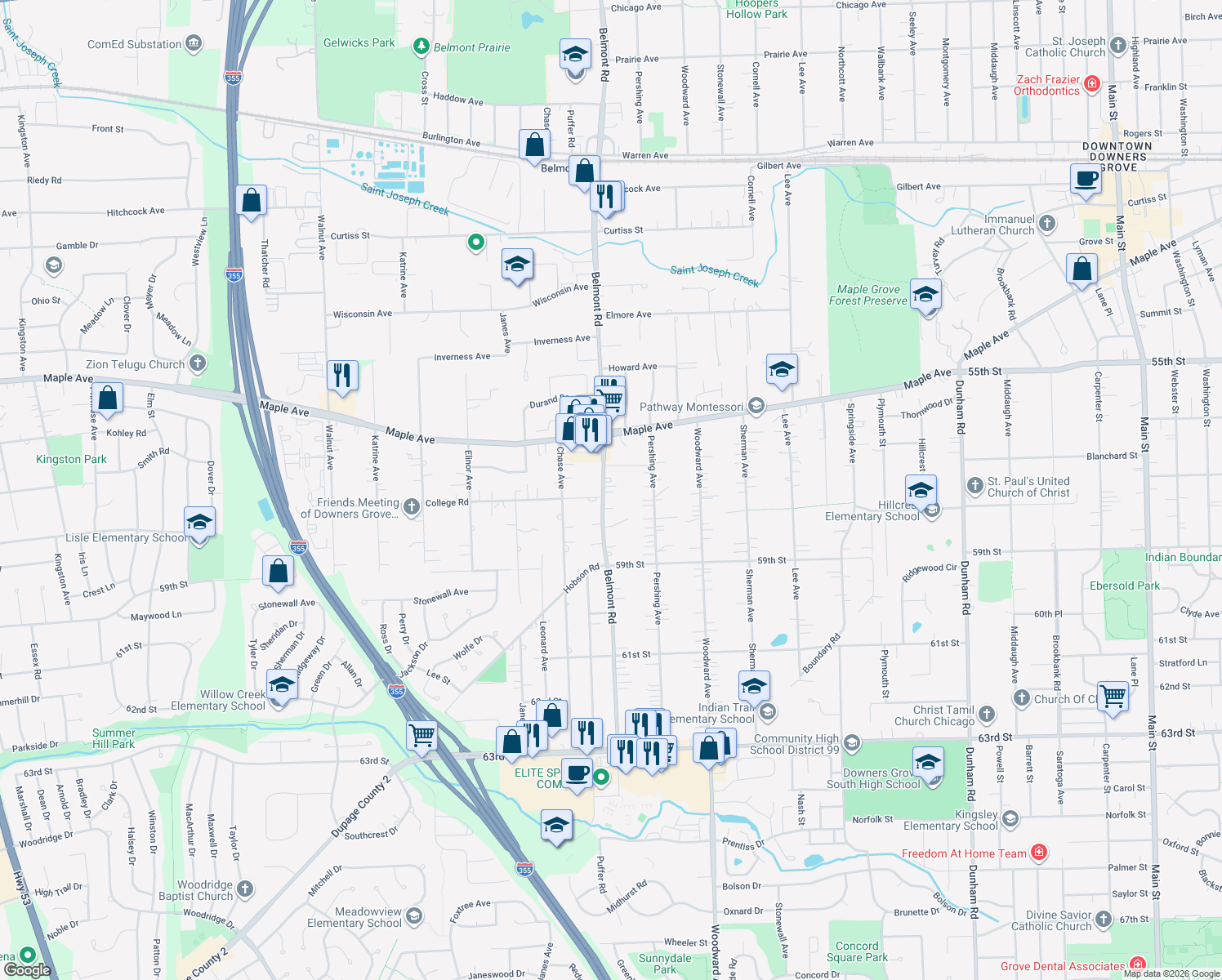 map of restaurants, bars, coffee shops, grocery stores, and more near 5709 Belmont Road in Downers Grove