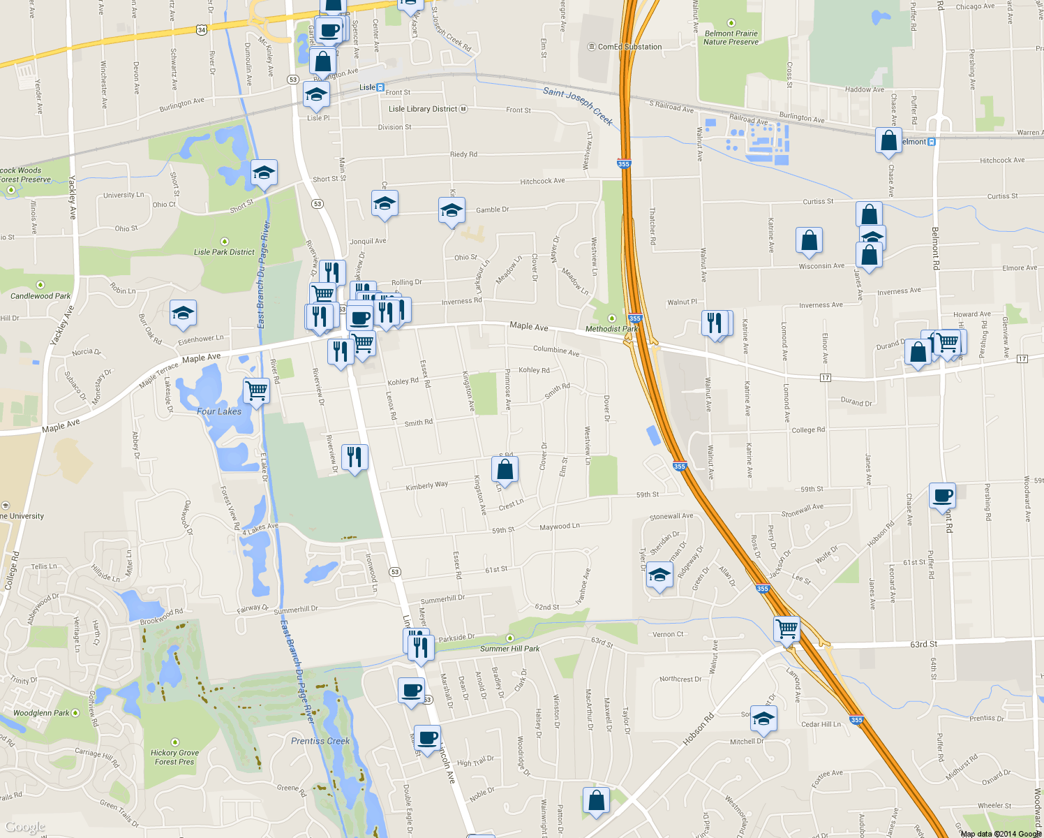 map of restaurants, bars, coffee shops, grocery stores, and more near 620 Rose Court in Lisle
