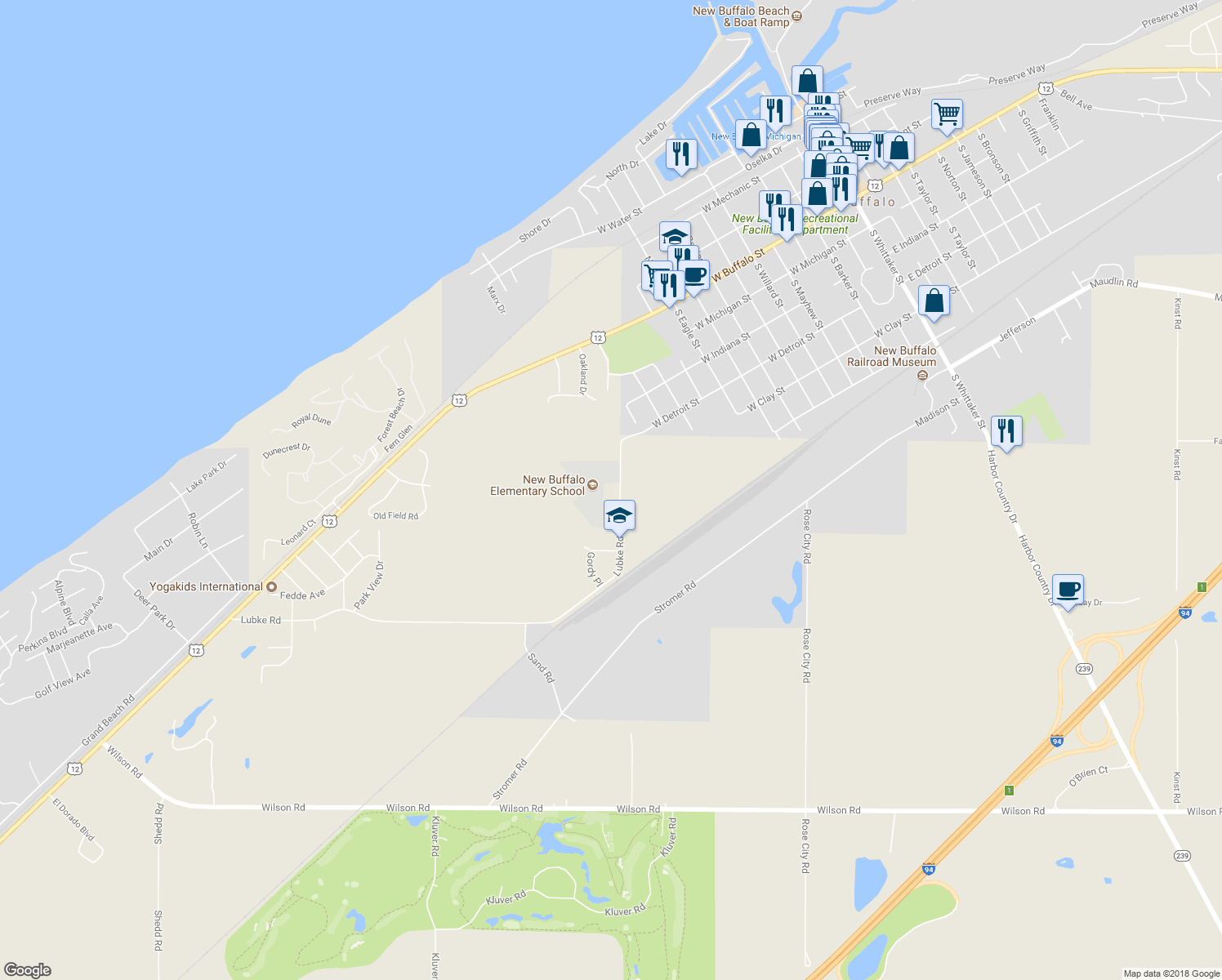 map of restaurants, bars, coffee shops, grocery stores, and more near 12343 Lubke Road in New Buffalo