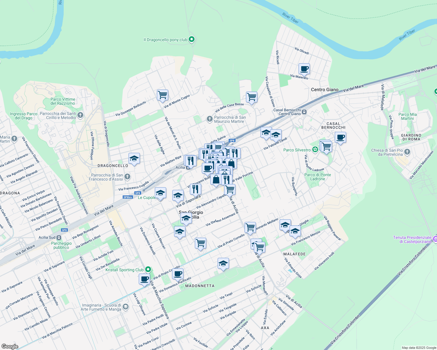 map of restaurants, bars, coffee shops, grocery stores, and more near 57/B Via di Acilia in Rome