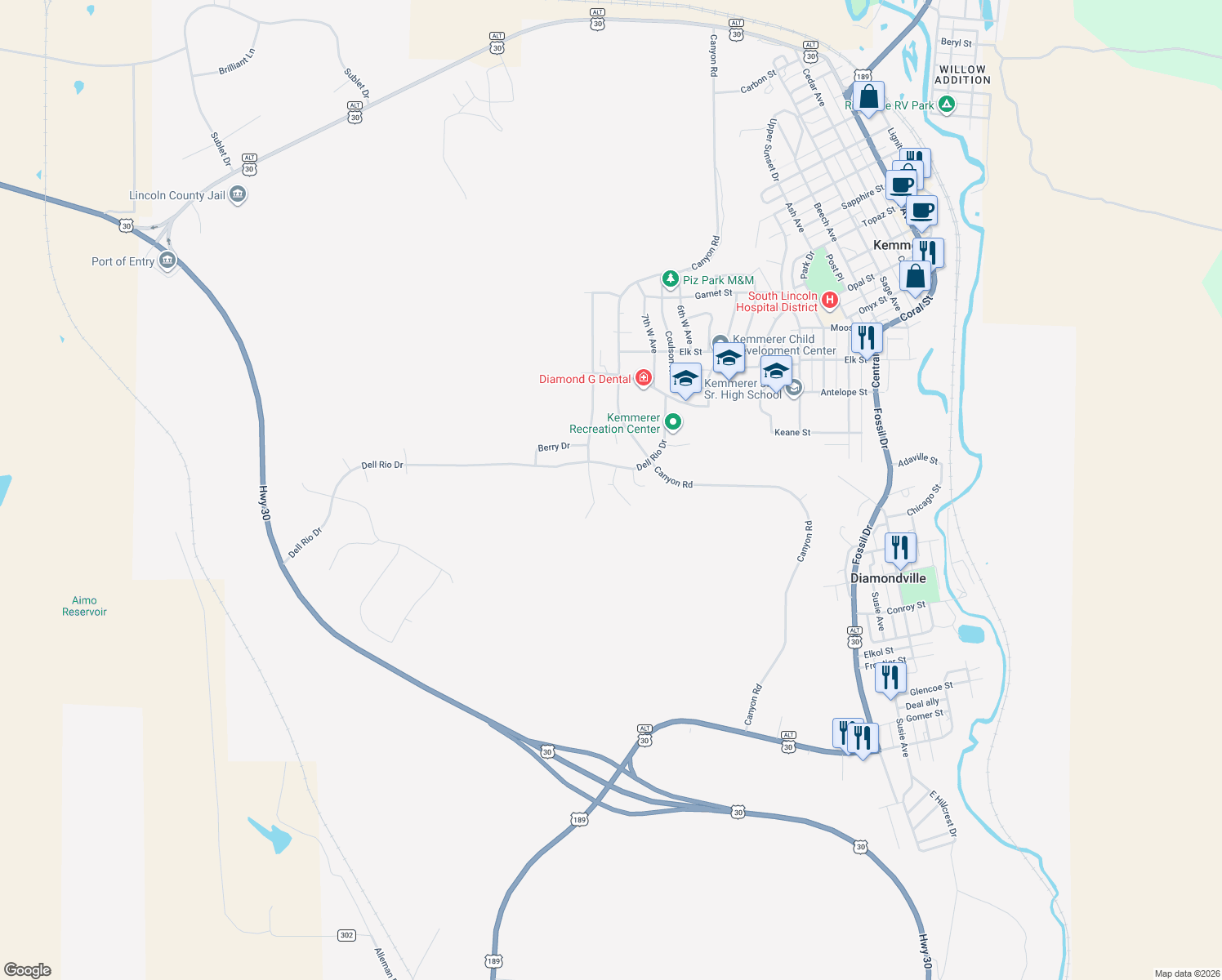 map of restaurants, bars, coffee shops, grocery stores, and more near 1667 Nation's Drive in Kemmerer