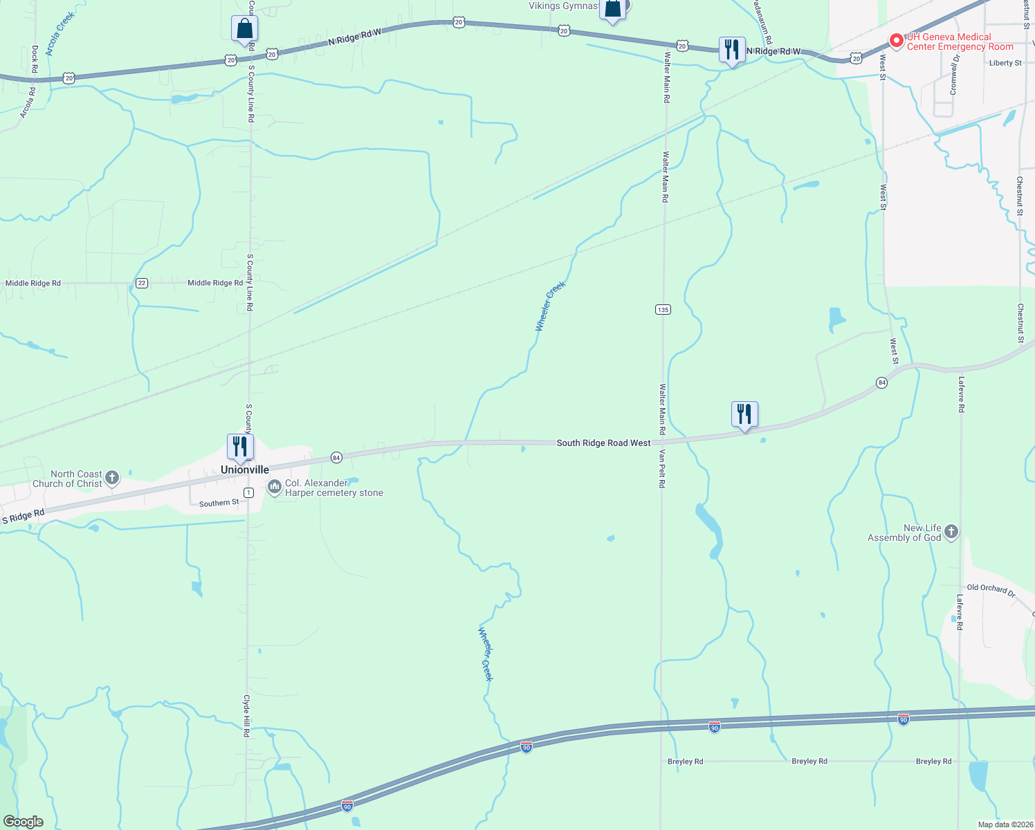 map of restaurants, bars, coffee shops, grocery stores, and more near 6455 South Ridge Road West in Geneva