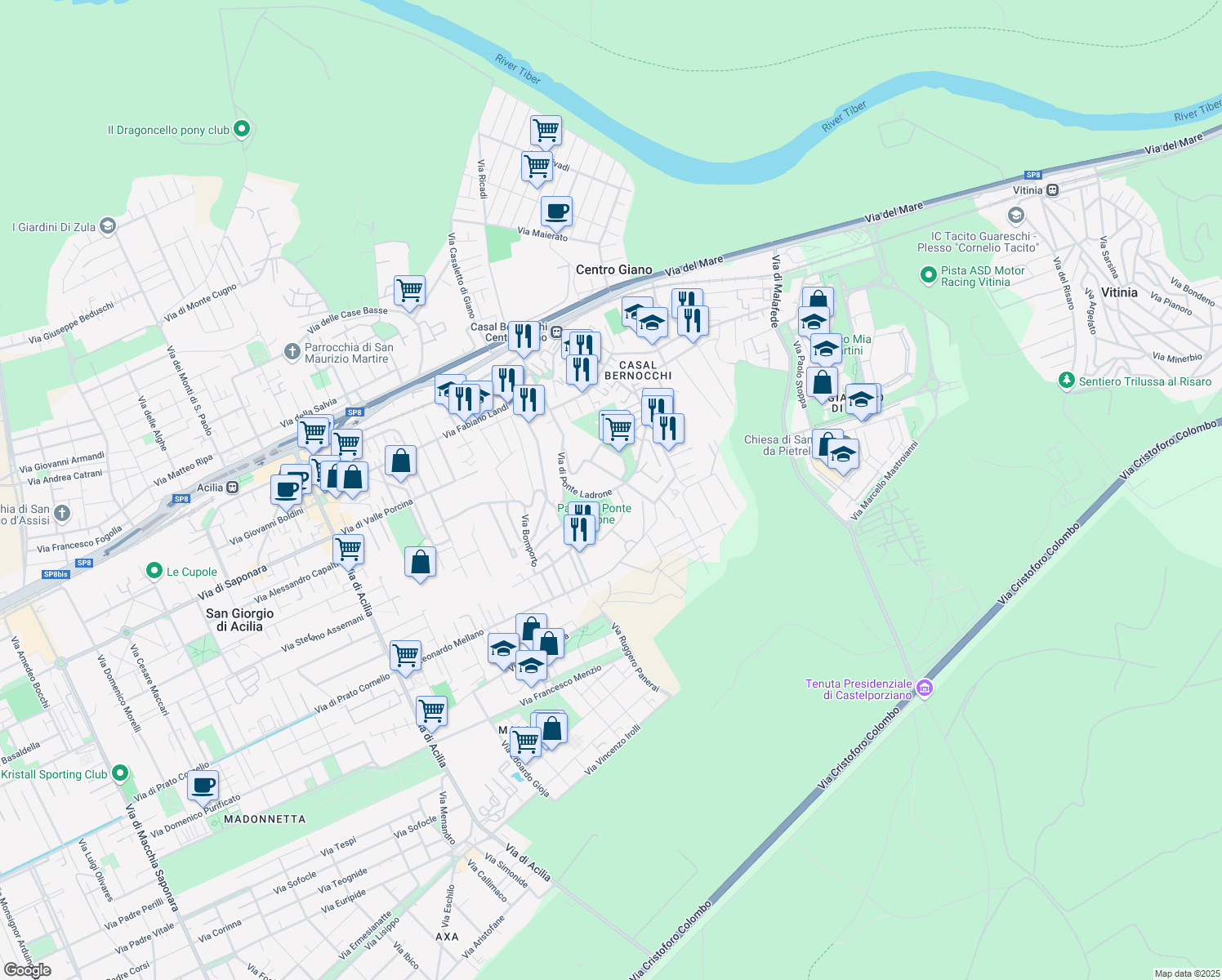 map of restaurants, bars, coffee shops, grocery stores, and more near 79 Via Casal Bernocchi in Città metropolitana di Roma Capitale