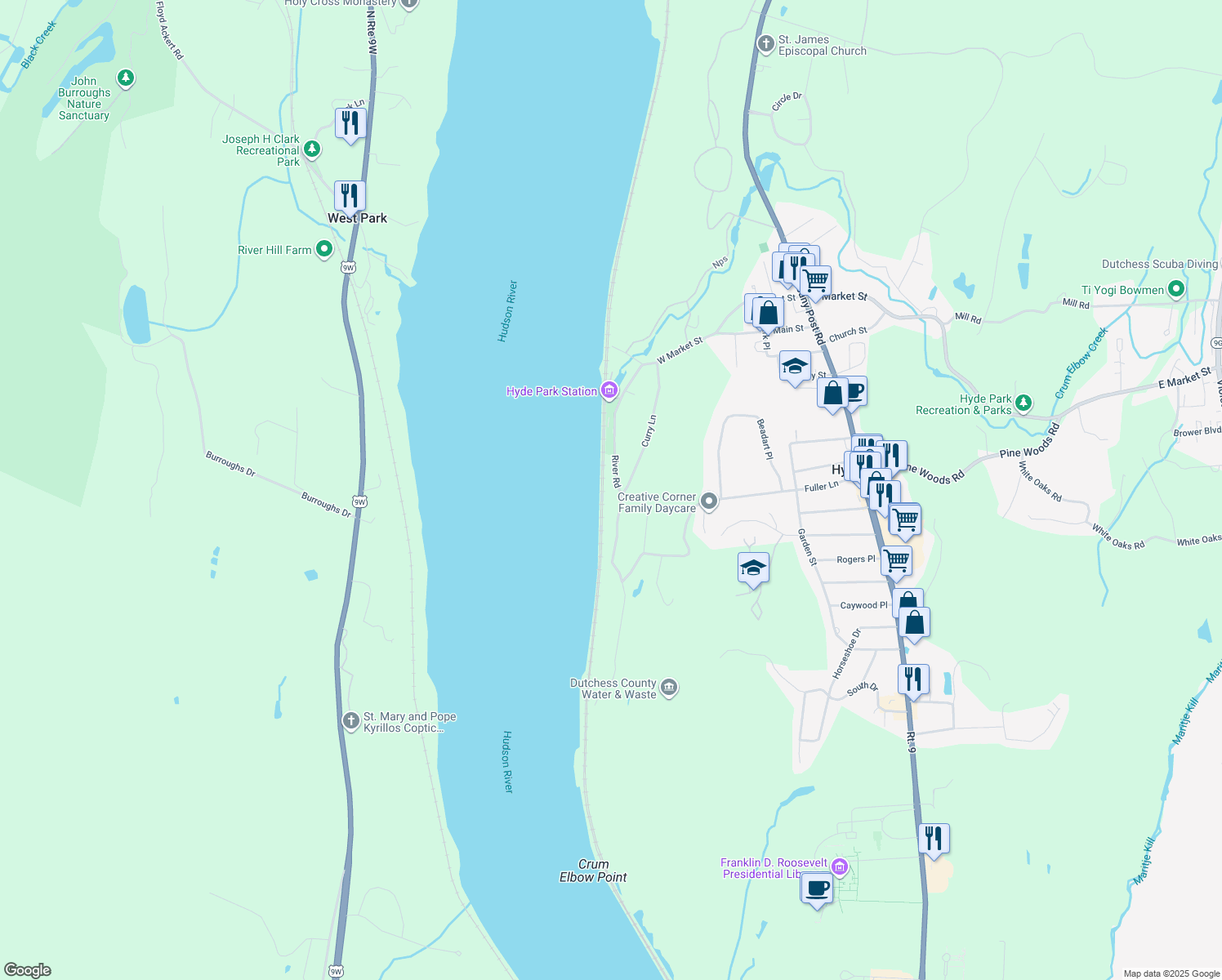 map of restaurants, bars, coffee shops, grocery stores, and more near 56 River Rd in Hyde Park