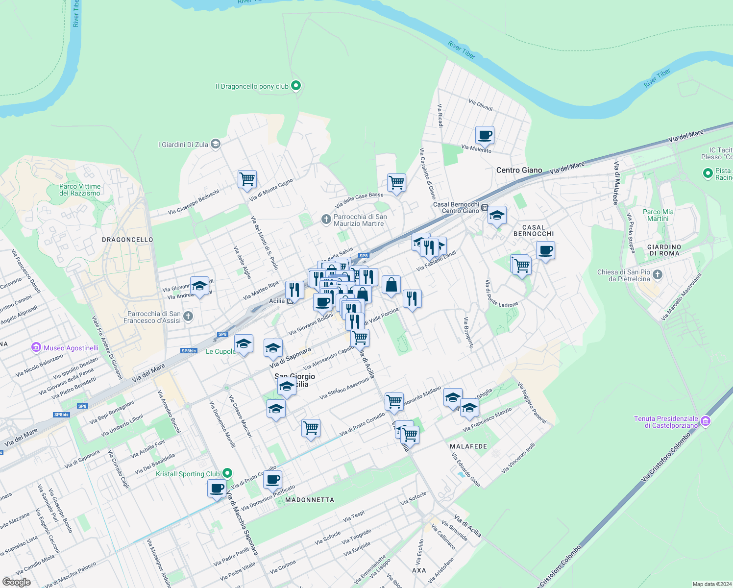 map of restaurants, bars, coffee shops, grocery stores, and more near 55 Via Antonio da Gaeta in Città metropolitana di Roma Capitale