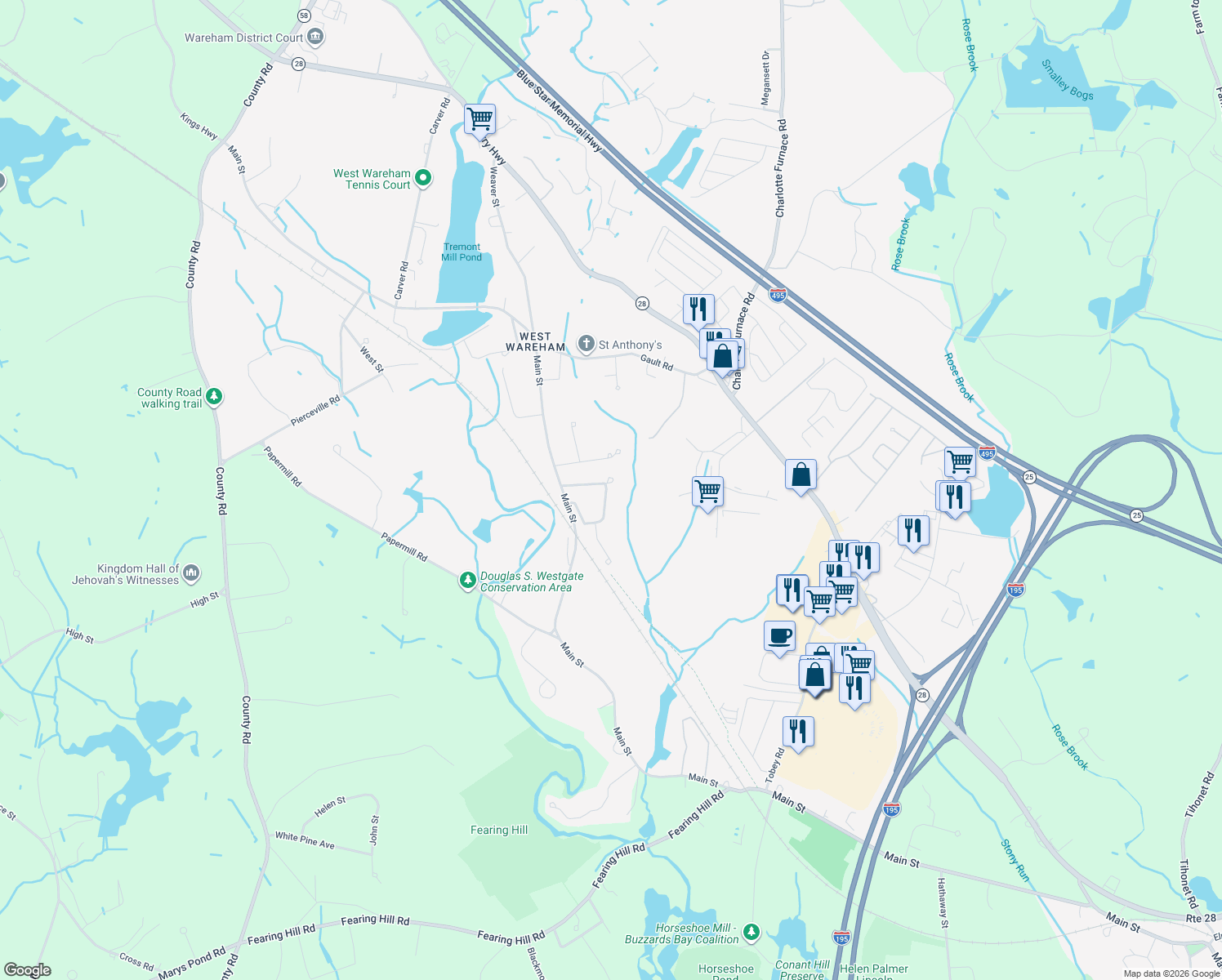 map of restaurants, bars, coffee shops, grocery stores, and more near 11 Trout Farm Way in Wareham