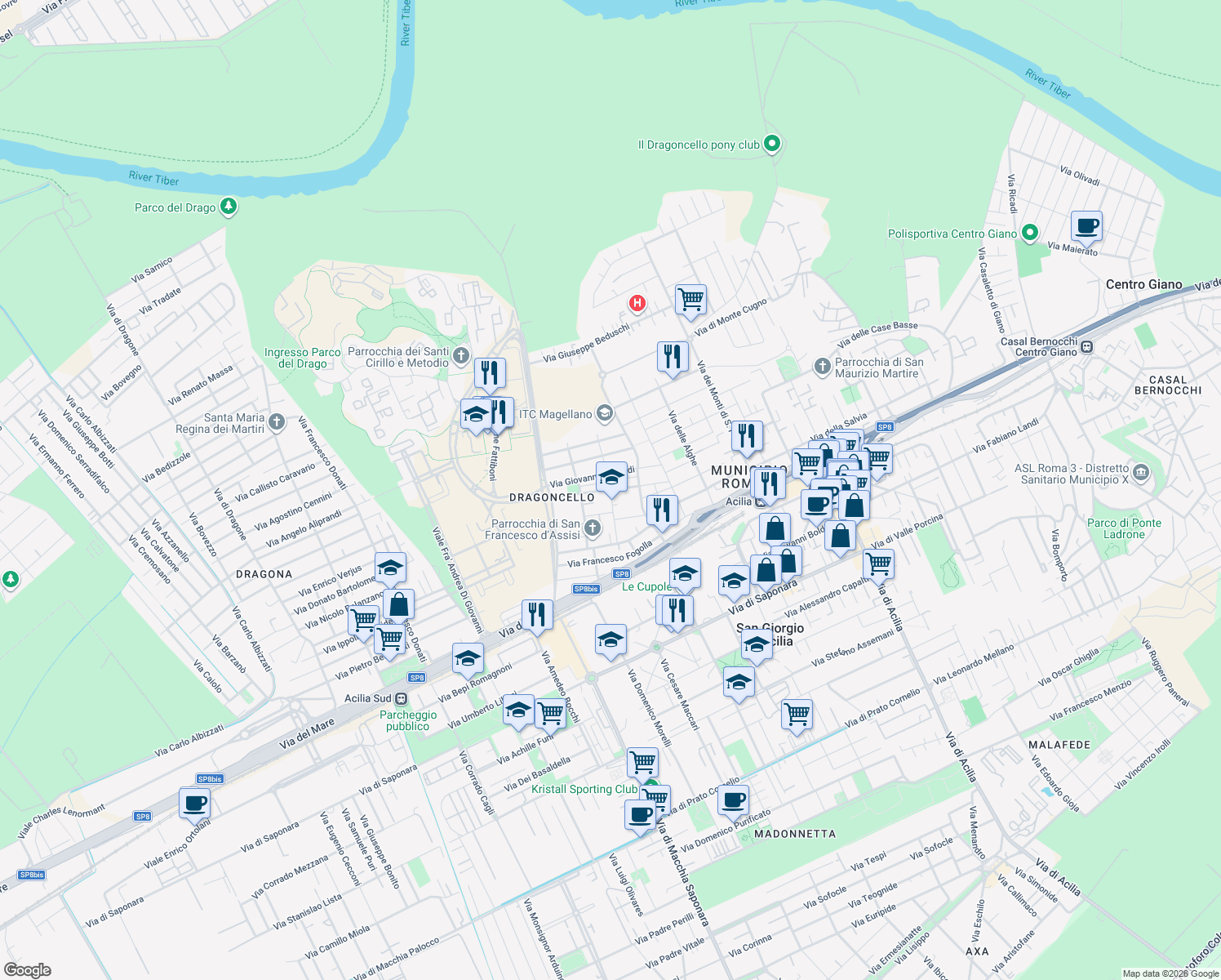 map of restaurants, bars, coffee shops, grocery stores, and more near Via Andrea Catrani in Acilia-castel Fusano-ostia Antica
