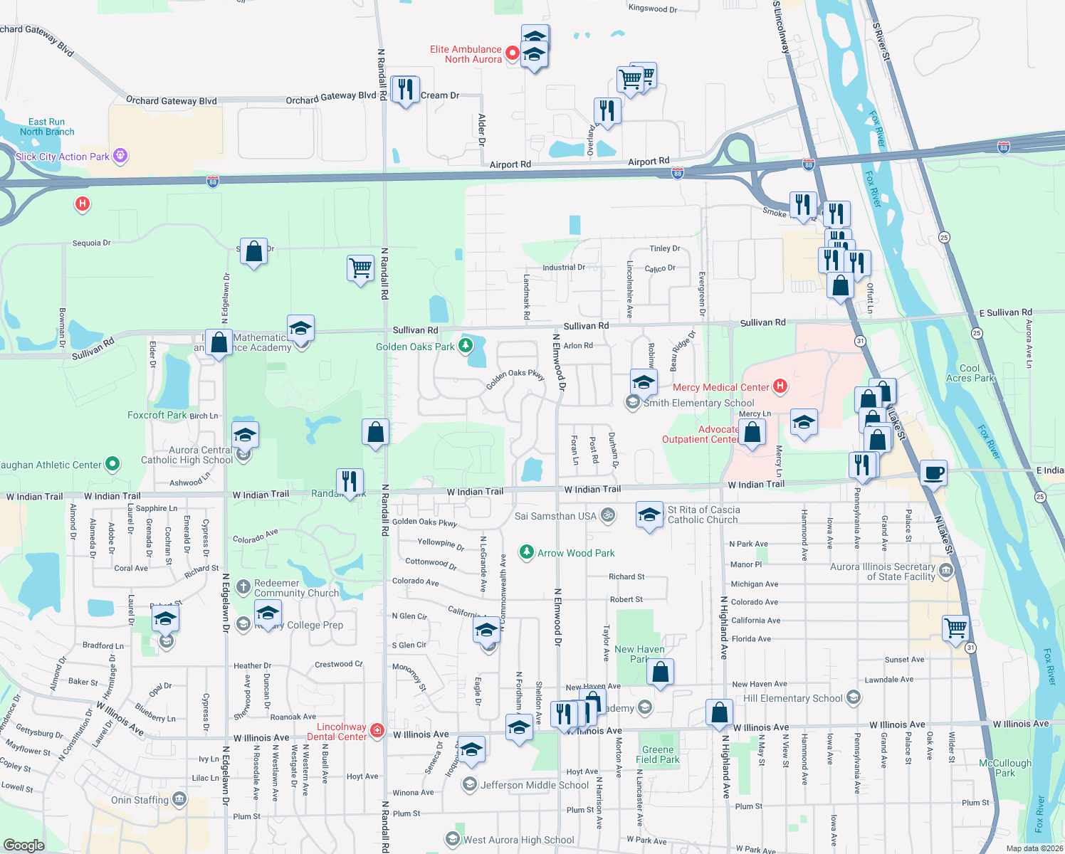 map of restaurants, bars, coffee shops, grocery stores, and more near 1330 Golden Oaks Pkwy in Aurora