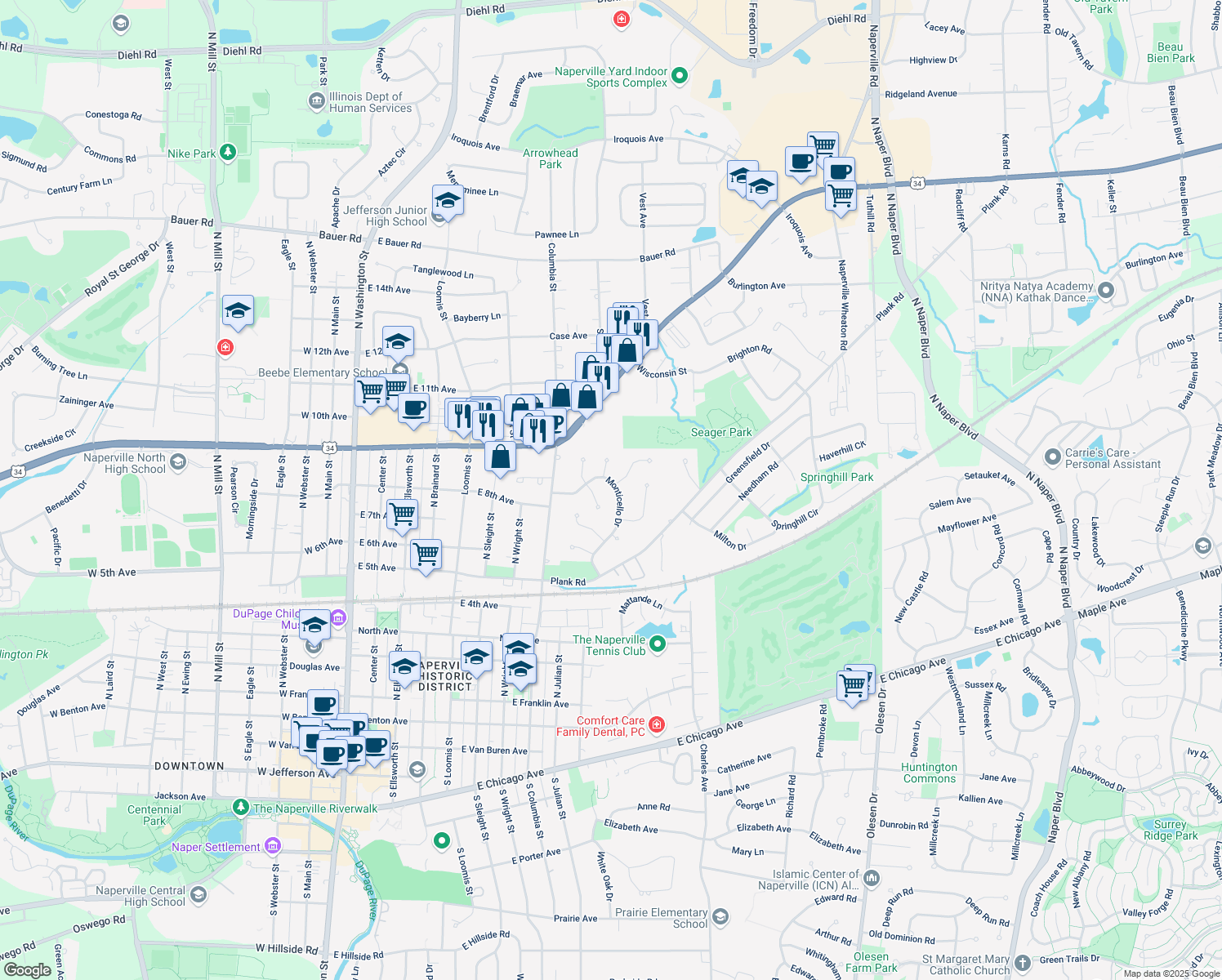map of restaurants, bars, coffee shops, grocery stores, and more near 910 Monticello Dr in Naperville