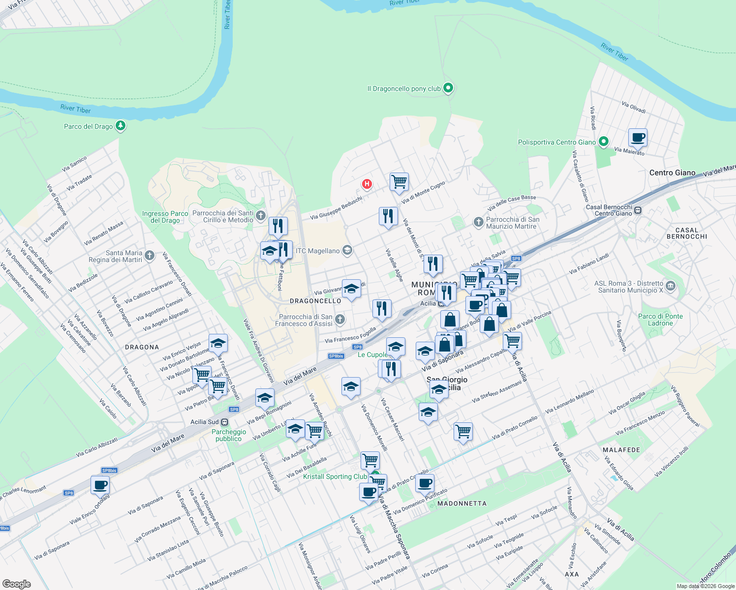 map of restaurants, bars, coffee shops, grocery stores, and more near Via Andrea Catrani in Acilia-castel Fusano-ostia Antica