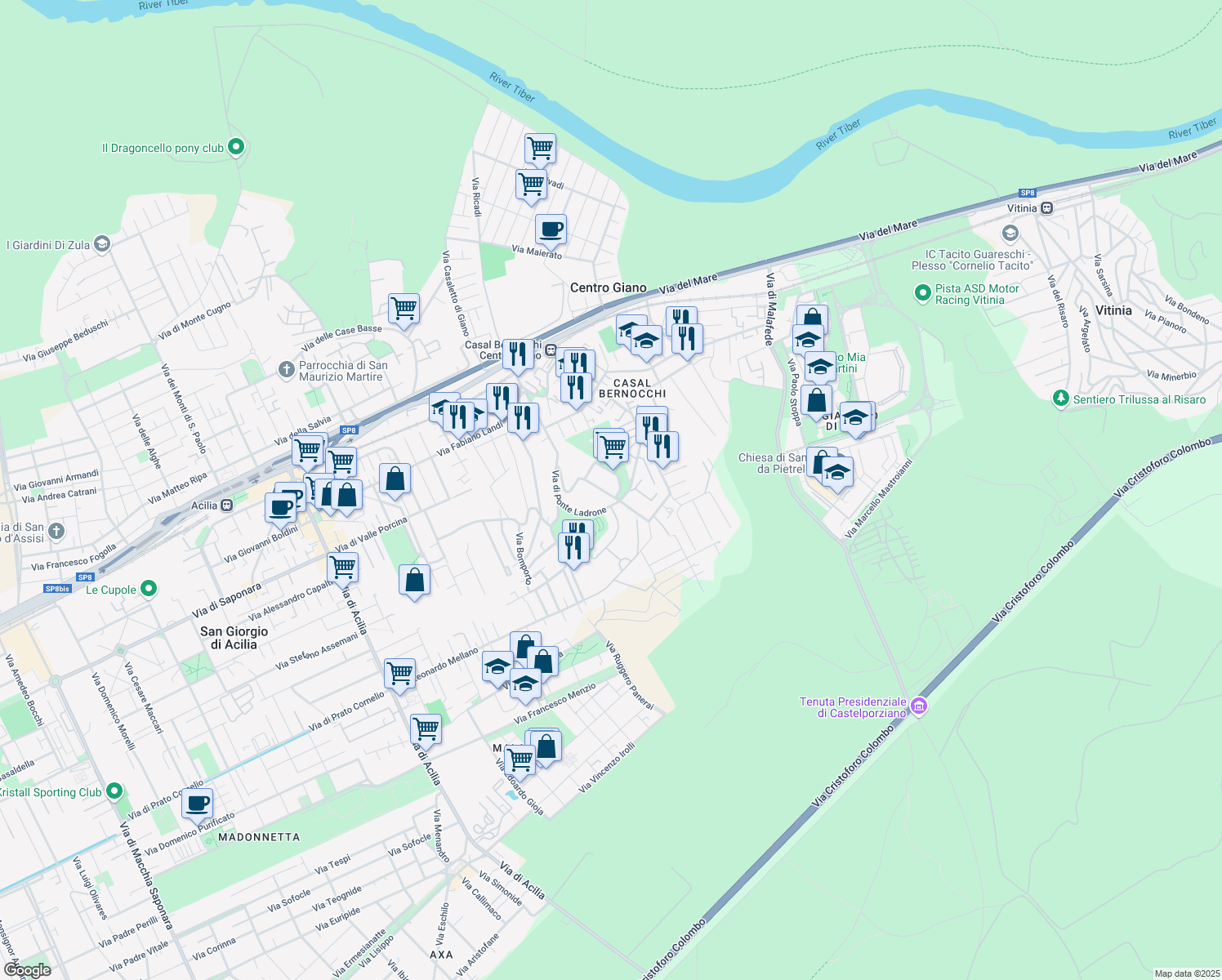 map of restaurants, bars, coffee shops, grocery stores, and more near 79 Via Casal Bernocchi in Città metropolitana di Roma Capitale