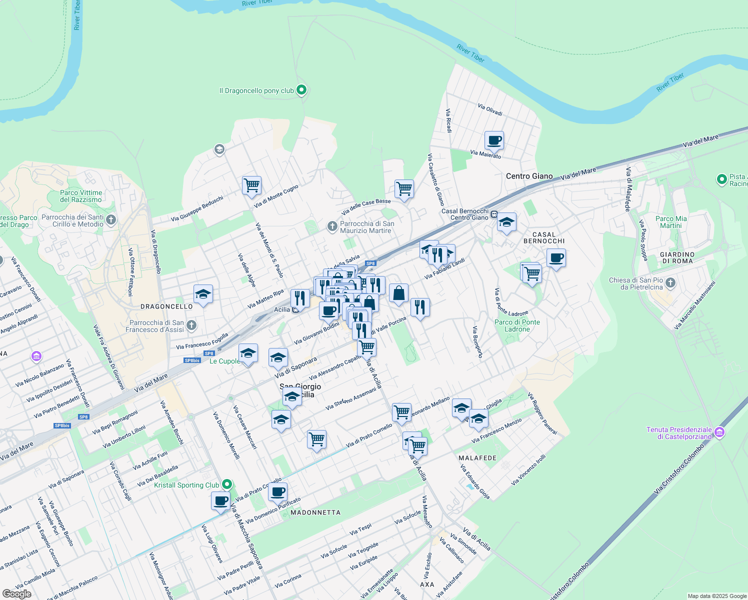 map of restaurants, bars, coffee shops, grocery stores, and more near 55 Via Antonio da Gaeta in Città metropolitana di Roma Capitale