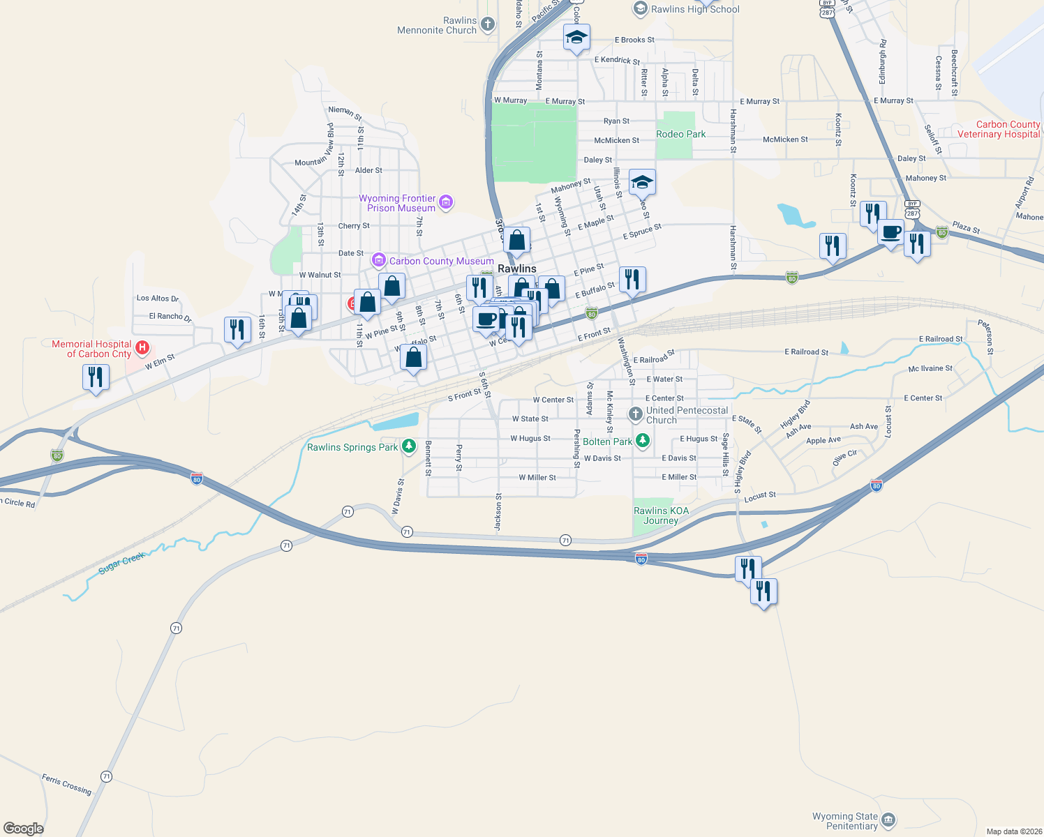 map of restaurants, bars, coffee shops, grocery stores, and more near 520 West State Street in Rawlins