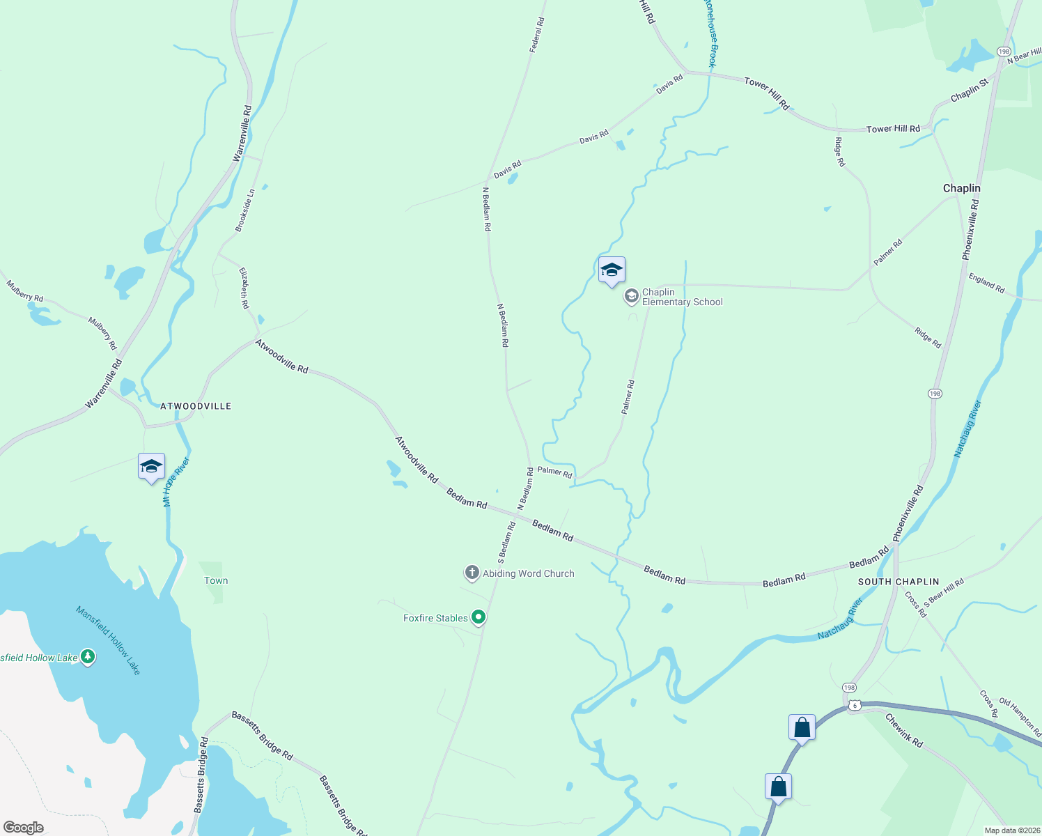 map of restaurants, bars, coffee shops, grocery stores, and more near 66 North Bedlam Road in Chaplin
