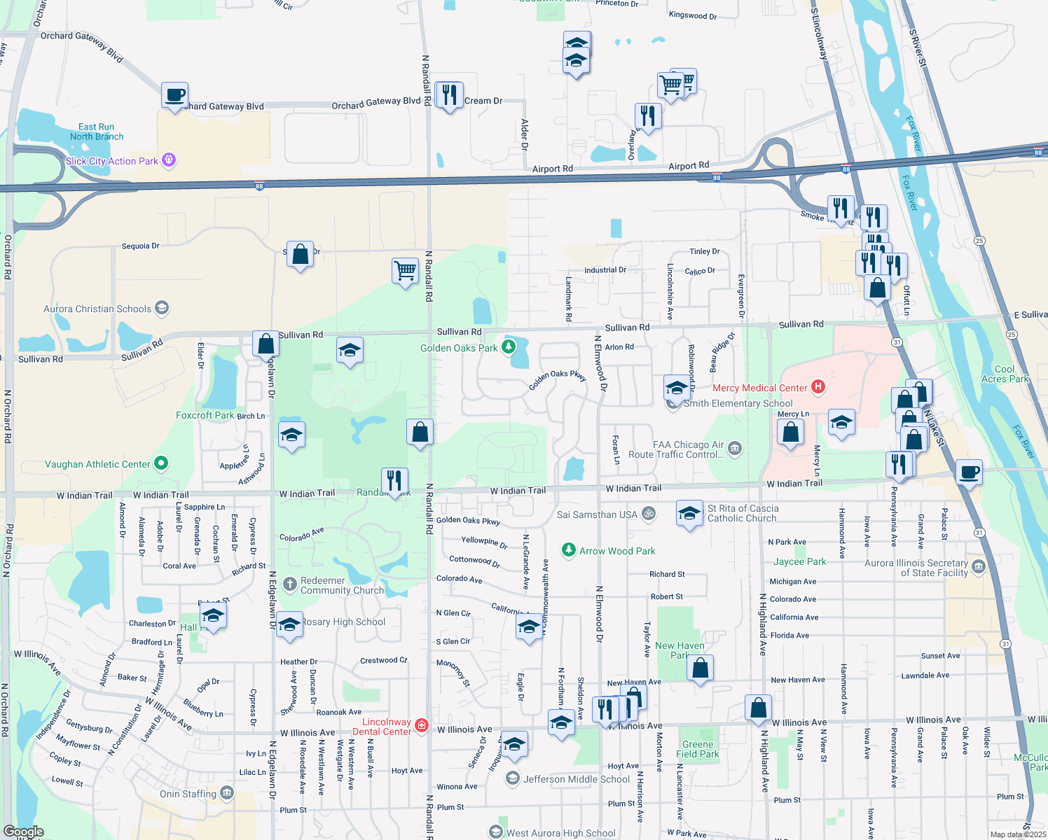 map of restaurants, bars, coffee shops, grocery stores, and more near 1170 Red Oak Trail in Aurora
