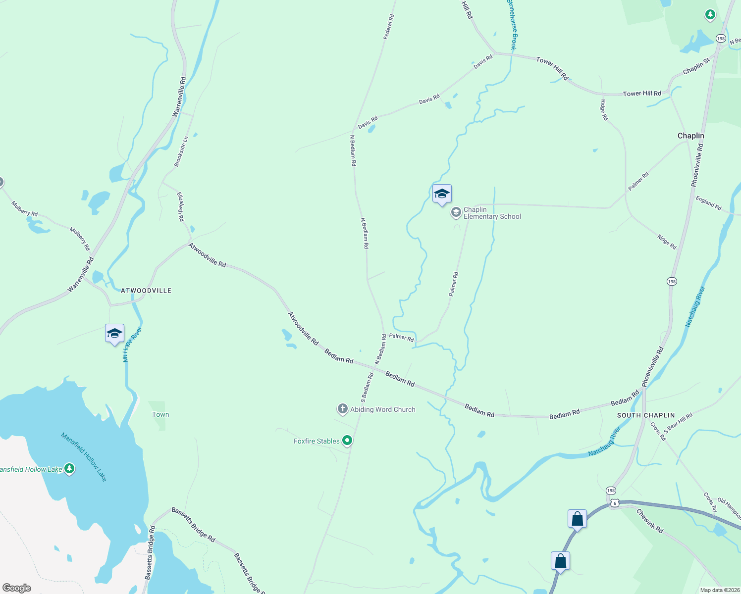 map of restaurants, bars, coffee shops, grocery stores, and more near 66 Bedlam Road in Chaplin