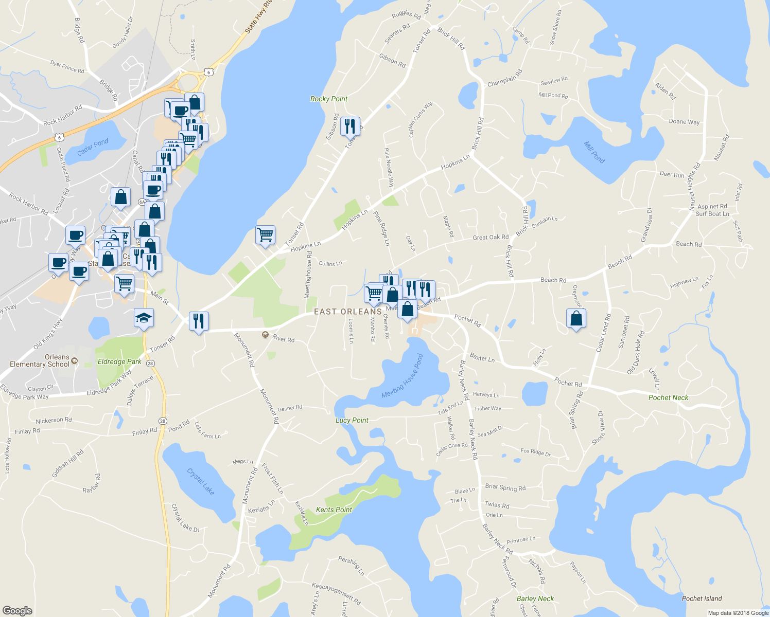 map of restaurants, bars, coffee shops, grocery stores, and more near 209 Main Street in Orleans