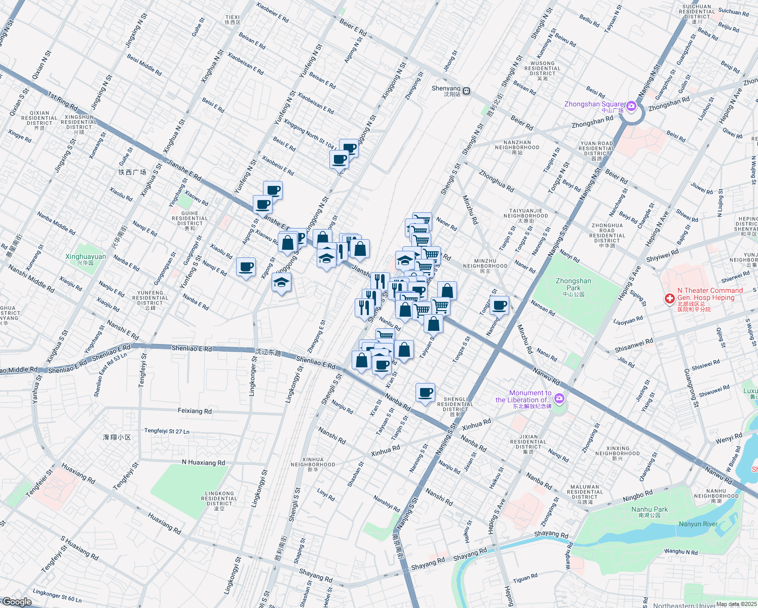 map of restaurants, bars, coffee shops, grocery stores, and more near in Shenyang Shi