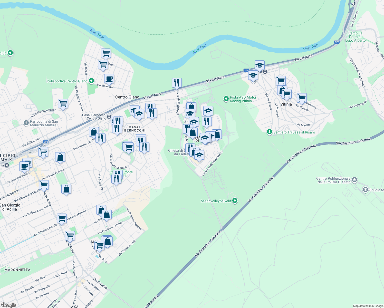 map of restaurants, bars, coffee shops, grocery stores, and more near 44 Via Paolo Stoppa in Rome