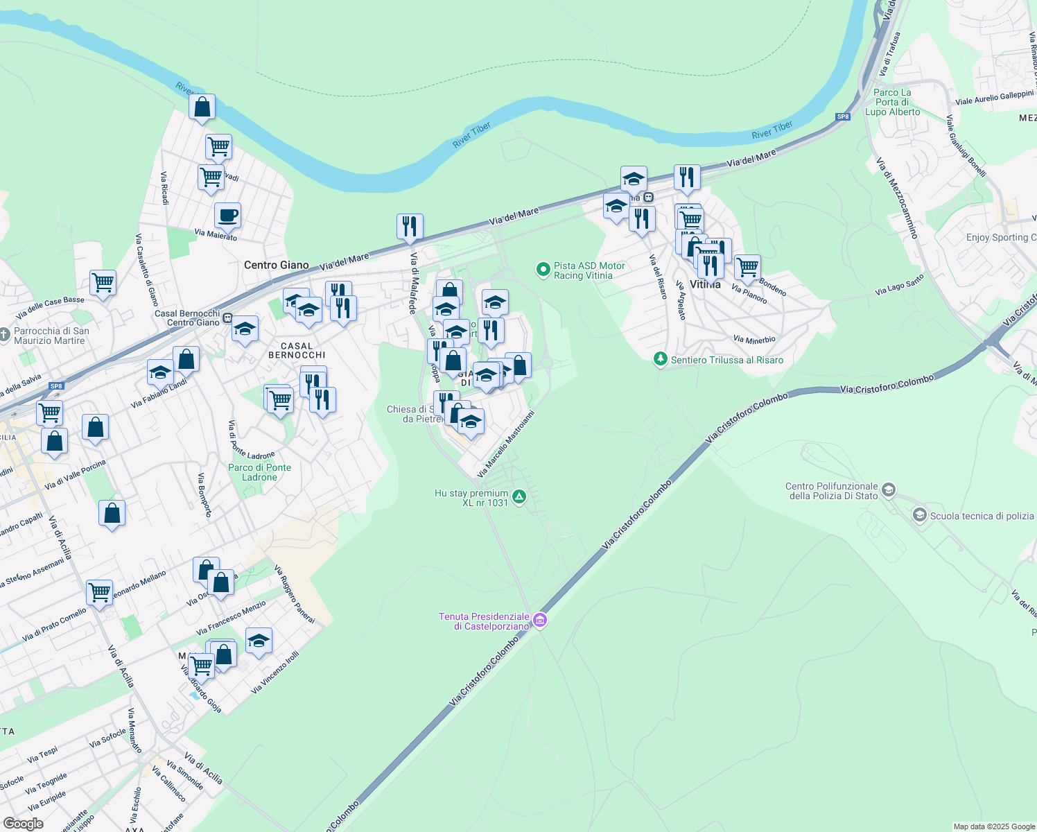 map of restaurants, bars, coffee shops, grocery stores, and more near Via Marcello Mastroianni in Città Metropolitana di Roma
