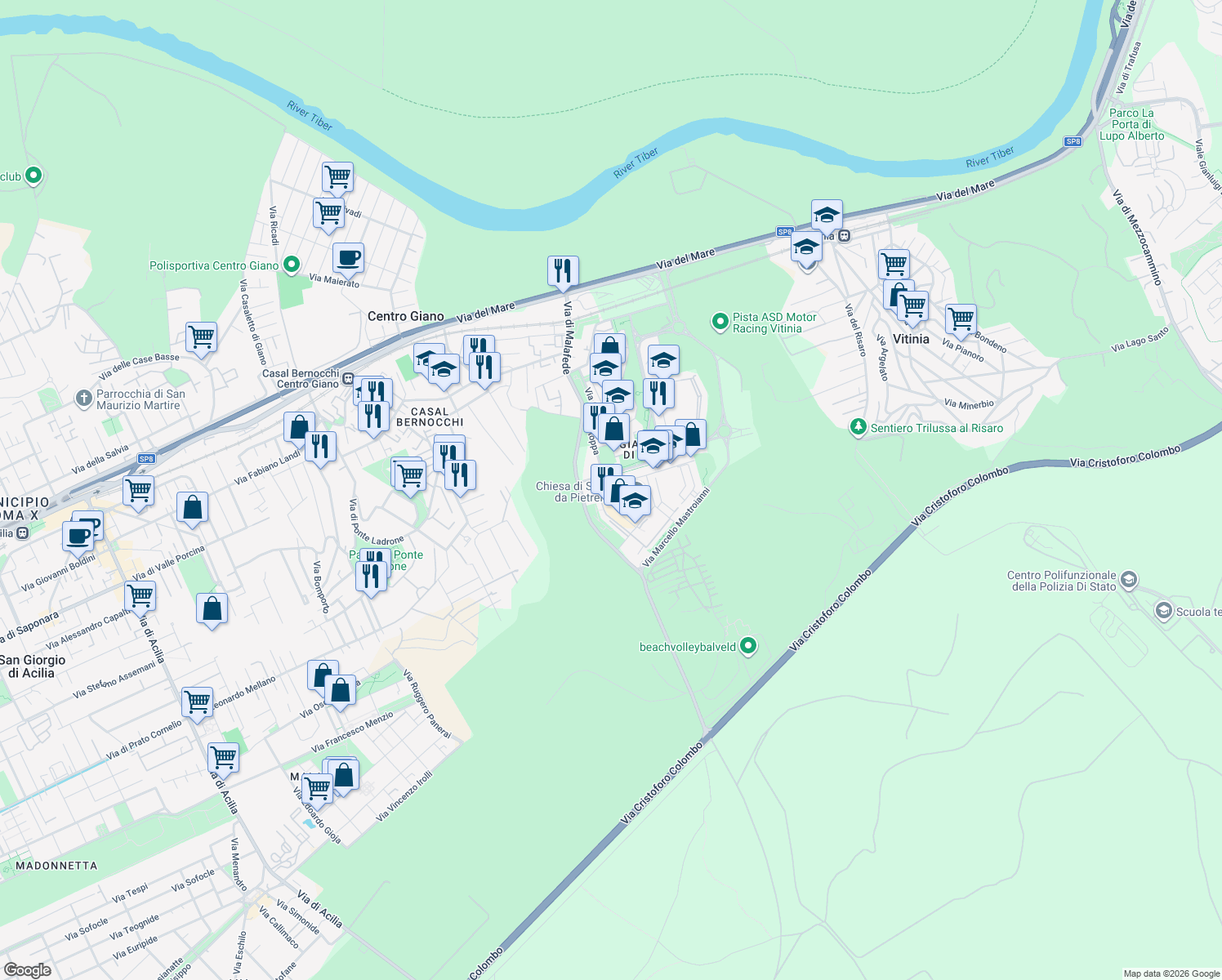 map of restaurants, bars, coffee shops, grocery stores, and more near 44 Via Paolo Stoppa in Roma