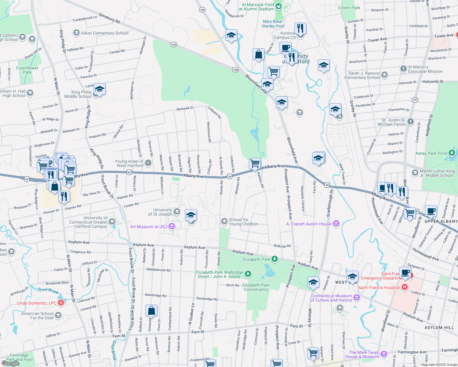 map of restaurants, bars, coffee shops, grocery stores, and more near 35 Stratford Road in West Hartford