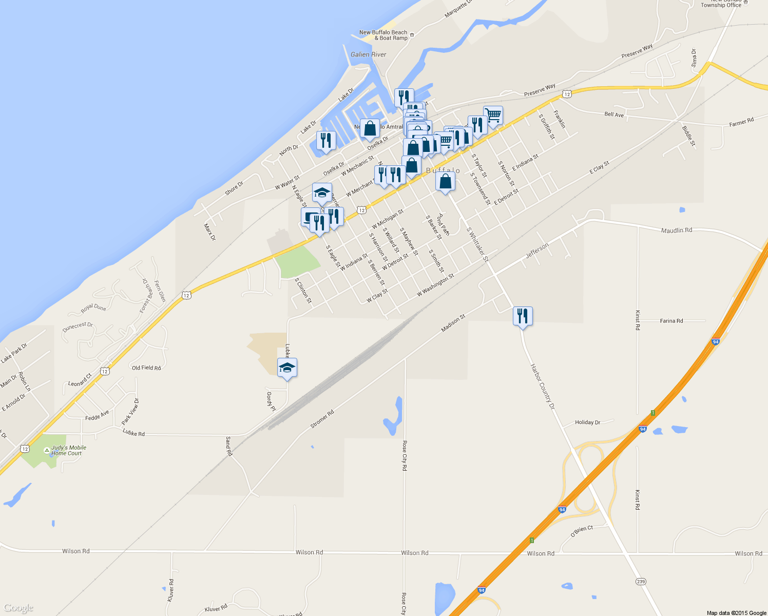 map of restaurants, bars, coffee shops, grocery stores, and more near 429 S Chicago St in New Buffalo