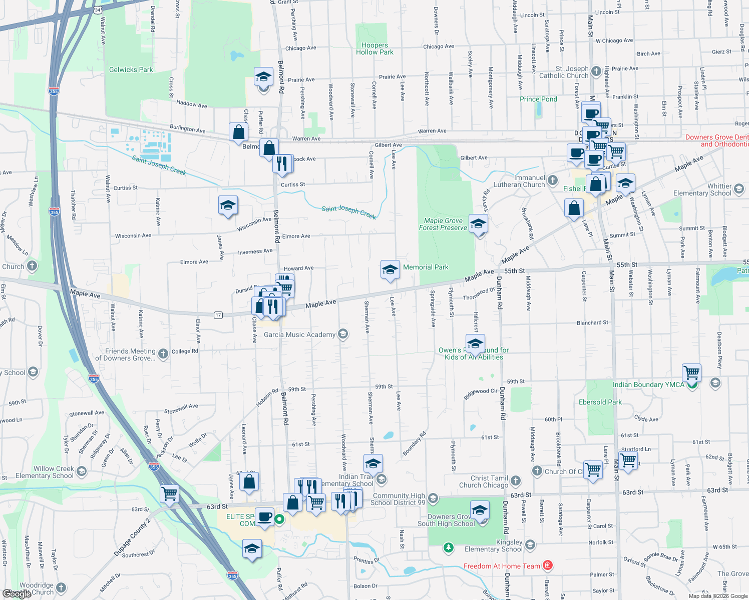 map of restaurants, bars, coffee shops, grocery stores, and more near 1819 Maple Avenue in Downers Grove
