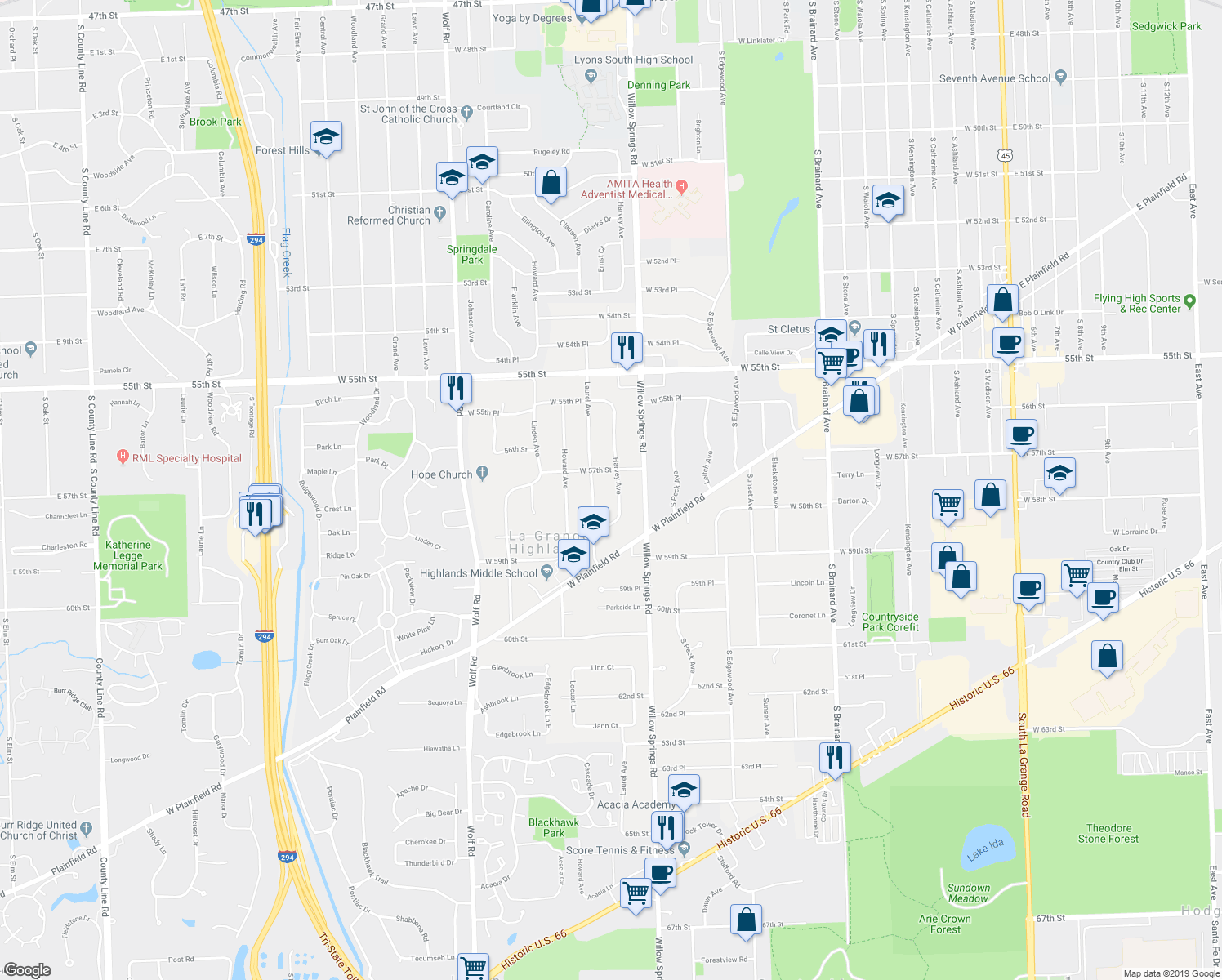 map of restaurants, bars, coffee shops, grocery stores, and more near 5726 Harvey Avenue in La Grange Highlands