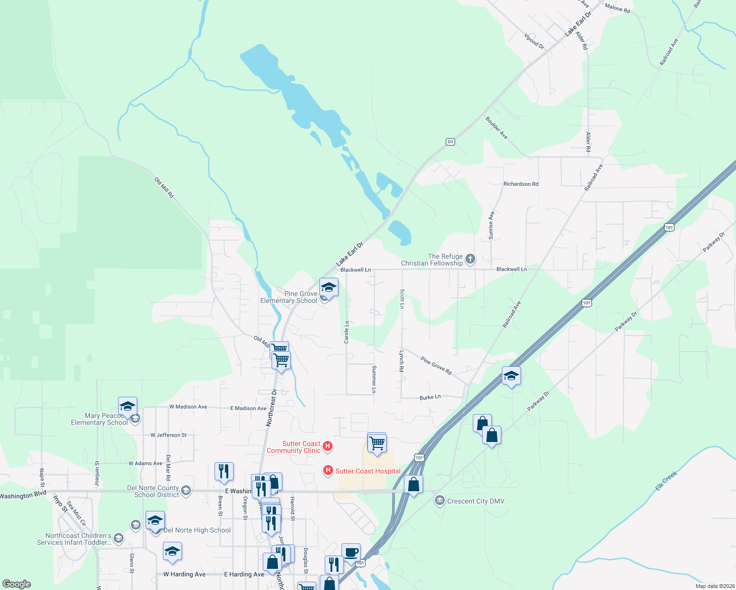 map of restaurants, bars, coffee shops, grocery stores, and more near 2245 Holben Road in Crescent City