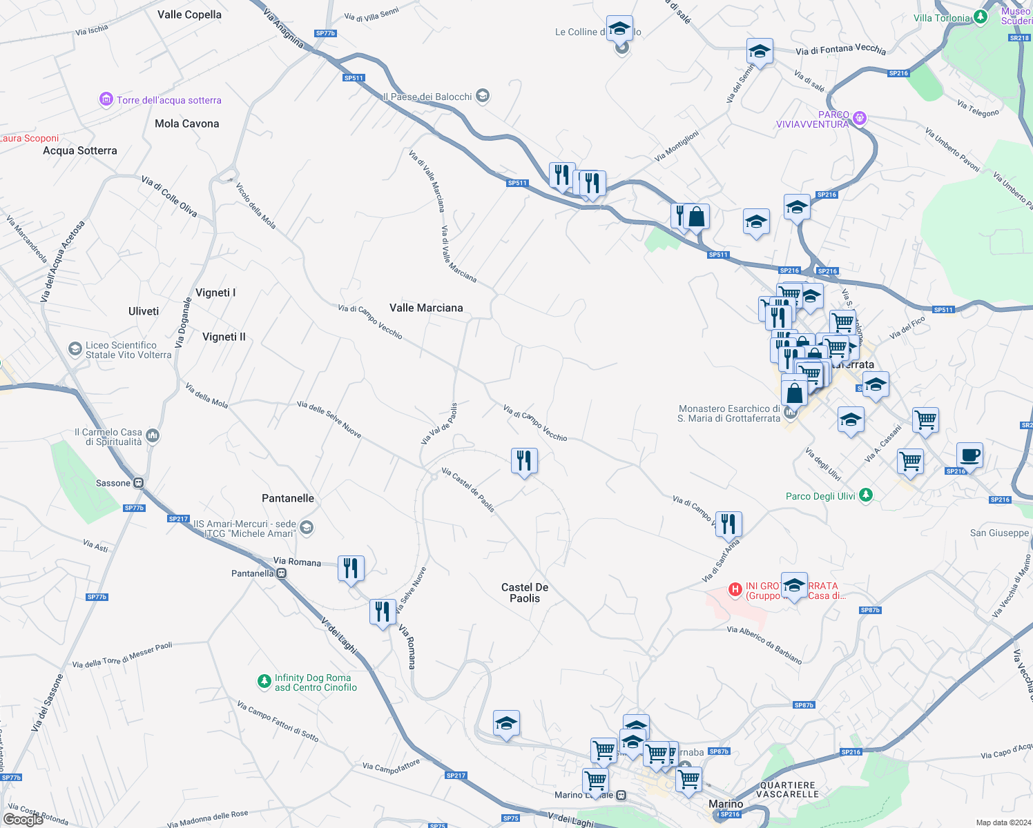 map of restaurants, bars, coffee shops, grocery stores, and more near 32 Via di Campo Vecchio in Grottaferrata
