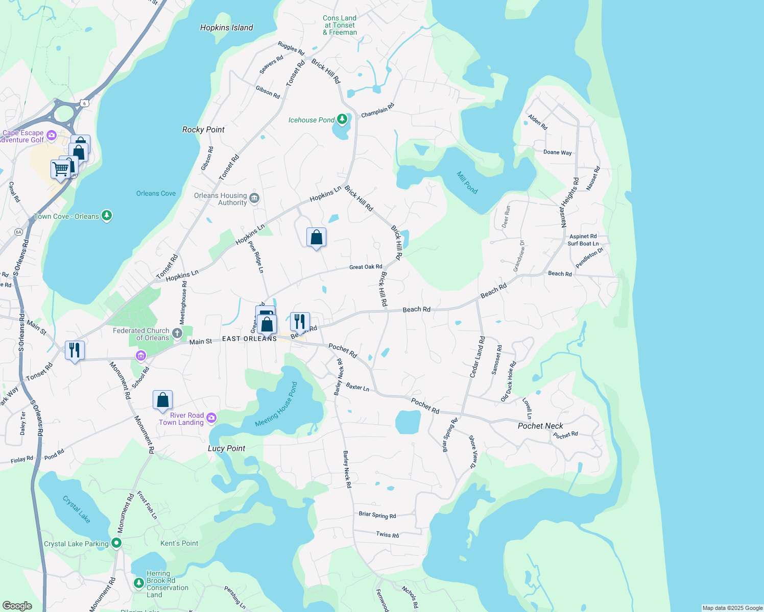map of restaurants, bars, coffee shops, grocery stores, and more near 62 Beach Road in Orleans
