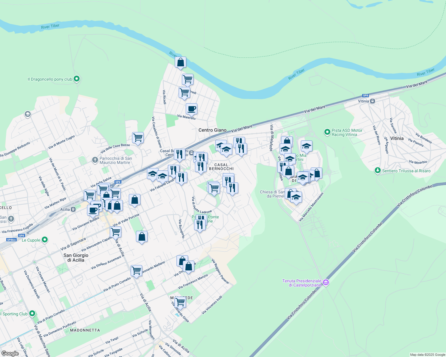 map of restaurants, bars, coffee shops, grocery stores, and more near 33 Via Michele Barbi in Città metropolitana di Roma Capitale