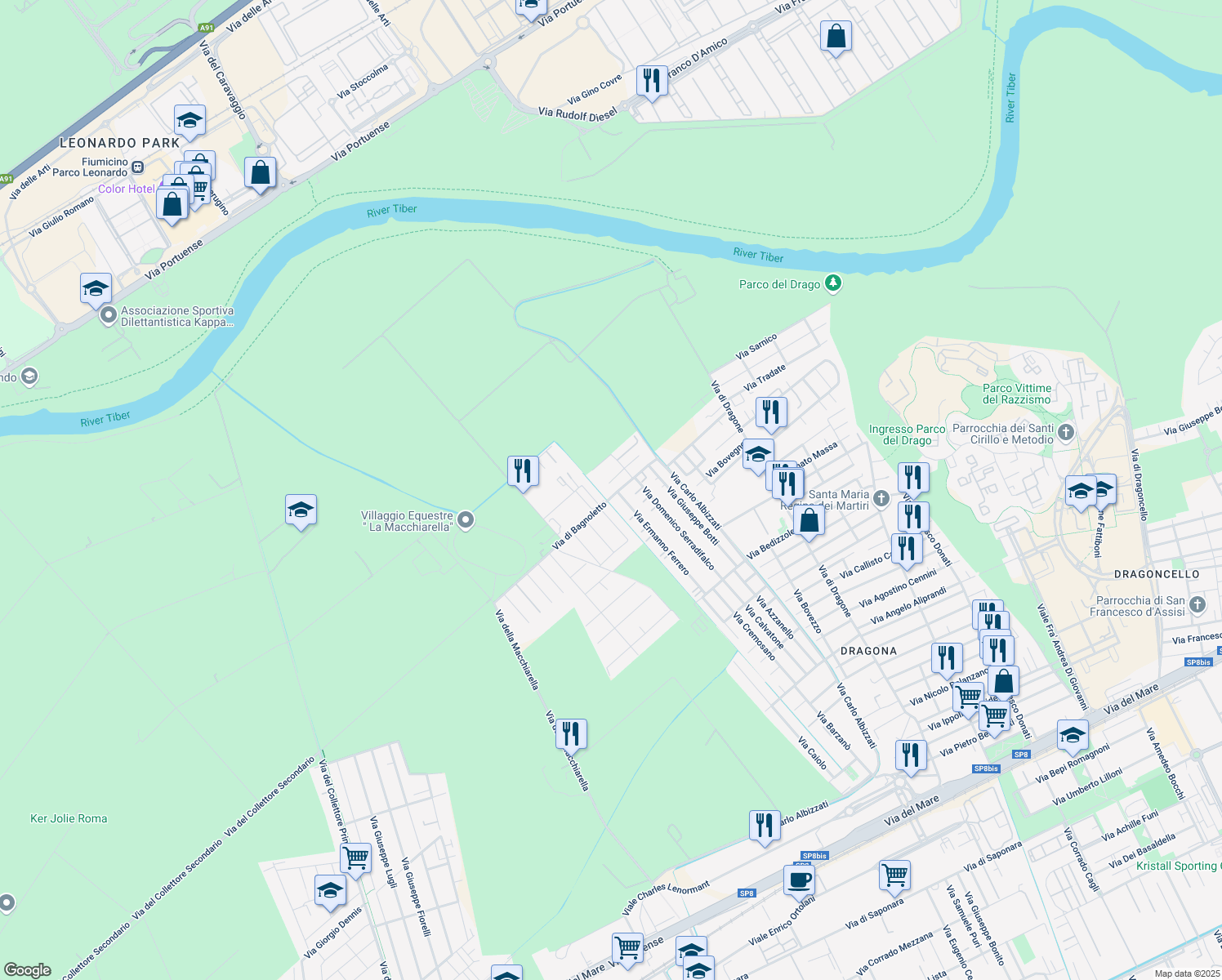 map of restaurants, bars, coffee shops, grocery stores, and more near 99 Via di Bagnoletto in Città metropolitana di Roma Capitale