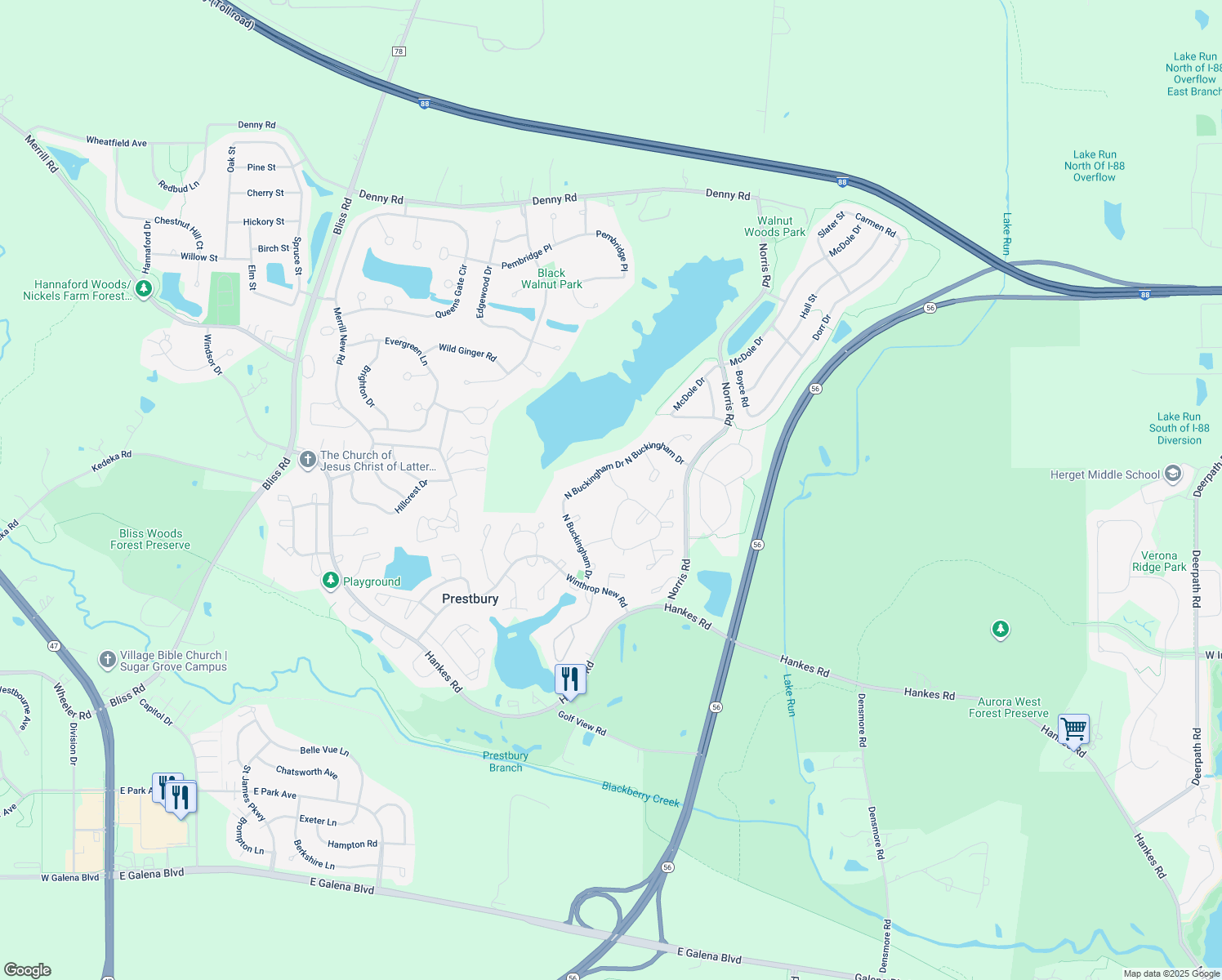 map of restaurants, bars, coffee shops, grocery stores, and more near 41 Walnut Circle in Sugar Grove
