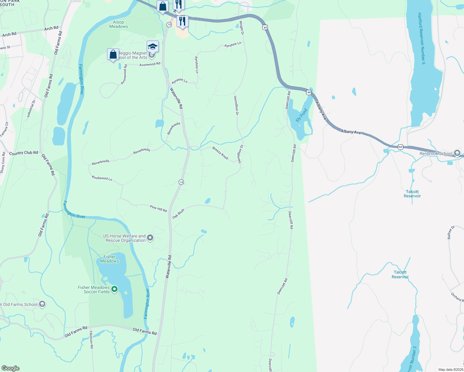 map of restaurants, bars, coffee shops, grocery stores, and more near 34 Vermillion Drive in Avon