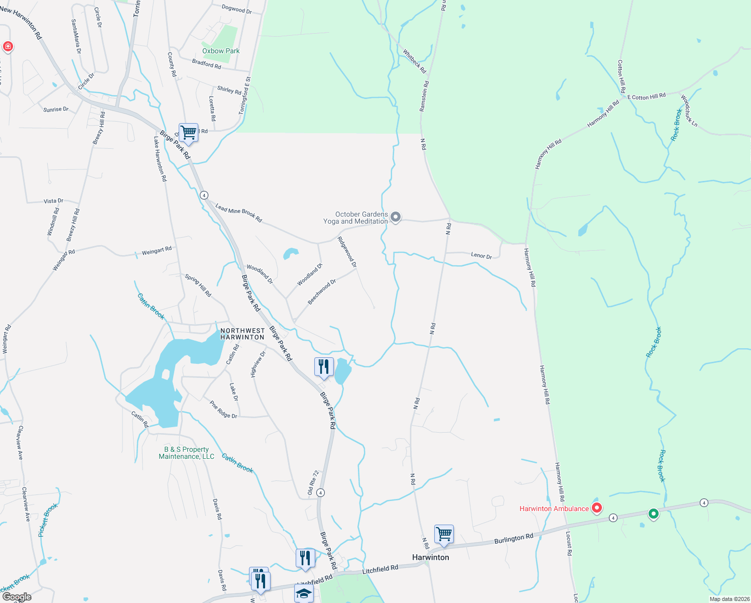 map of restaurants, bars, coffee shops, grocery stores, and more near 80 Ridgewood Drive in Harwinton