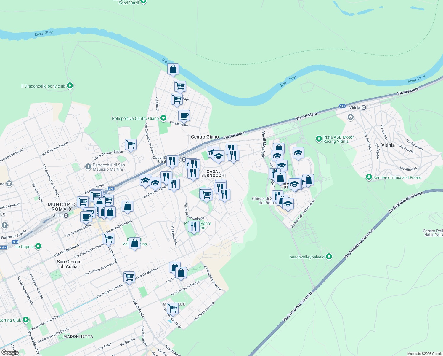 map of restaurants, bars, coffee shops, grocery stores, and more near 24 Via Padre Edoardo Colocci in Acilia-castel Fusano-ostia Antica