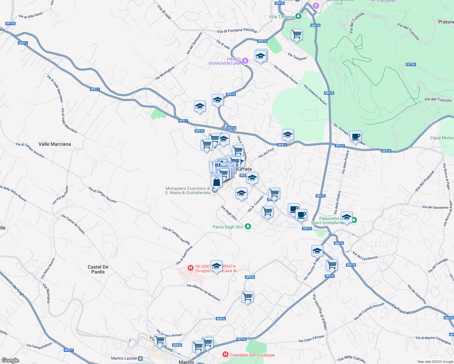 map of restaurants, bars, coffee shops, grocery stores, and more near 1 Via Principe Amedeo in Grottaferrata