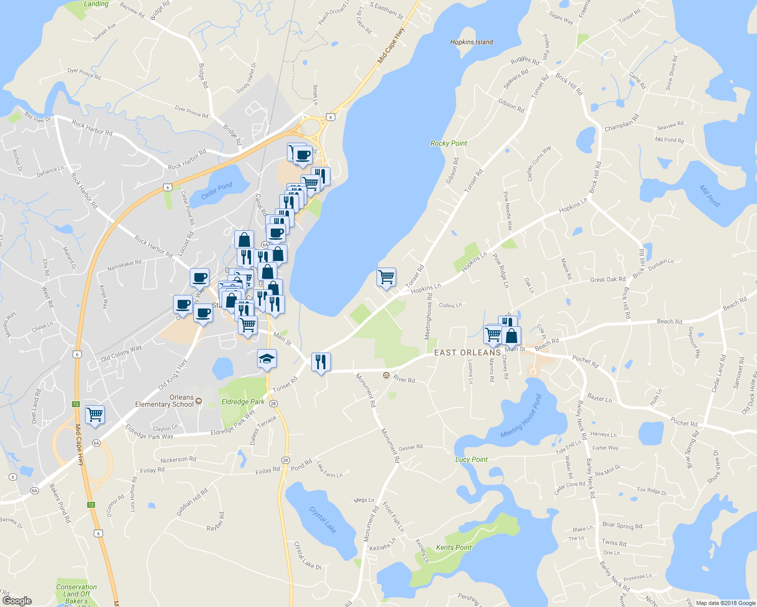 map of restaurants, bars, coffee shops, grocery stores, and more near 90 Tonset Road in Orleans