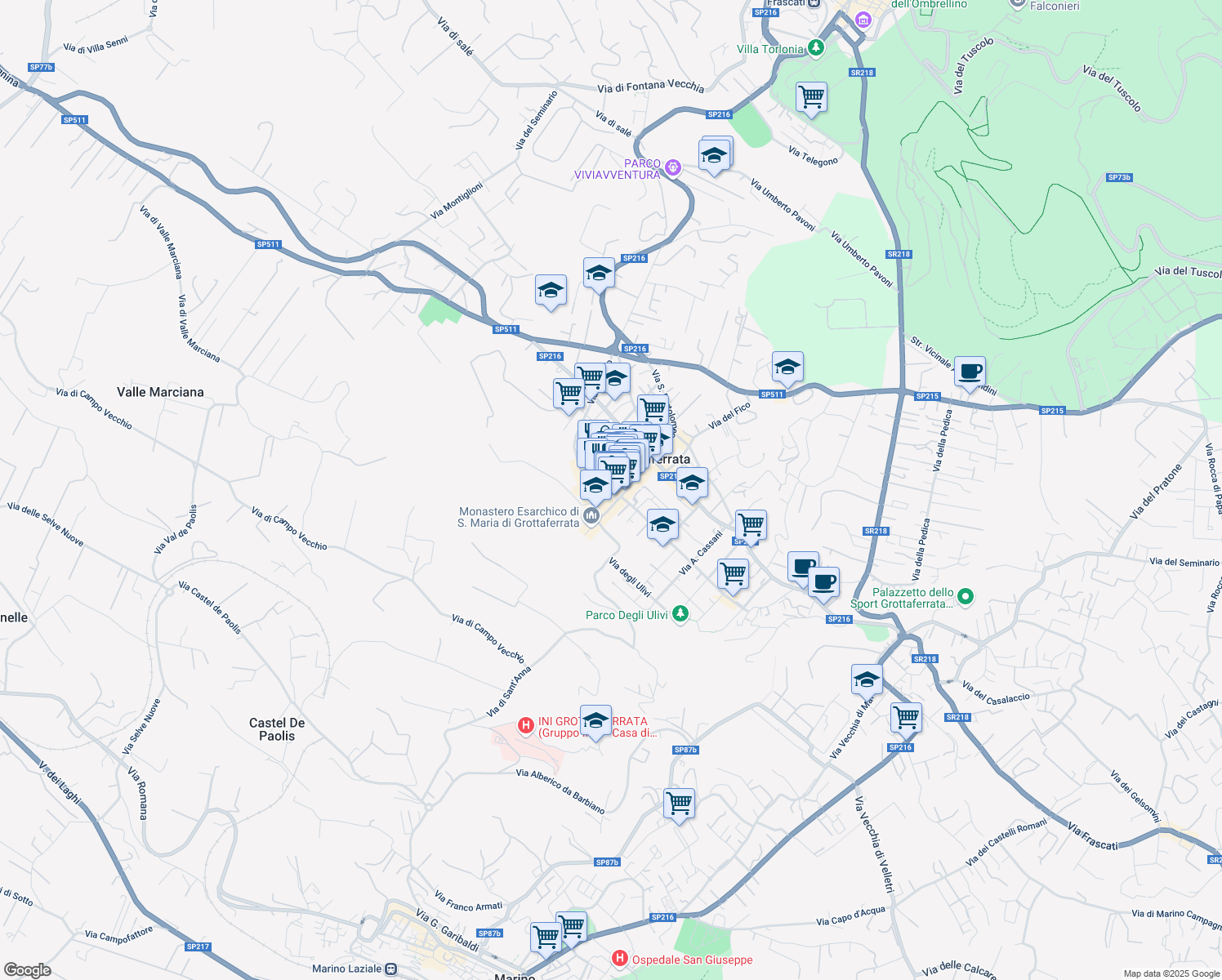 map of restaurants, bars, coffee shops, grocery stores, and more near 1 Via Principe Amedeo in Grottaferrata