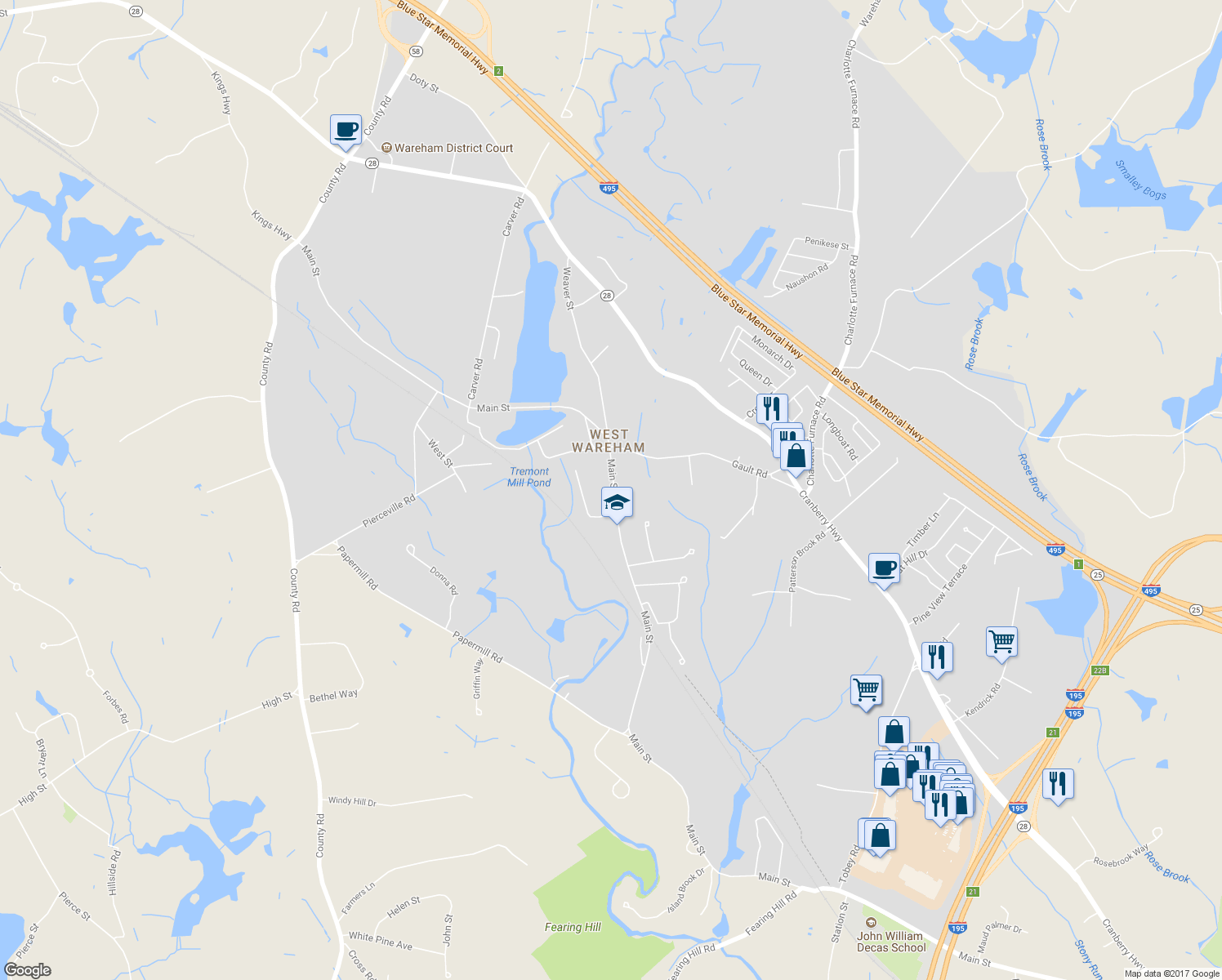 map of restaurants, bars, coffee shops, grocery stores, and more near 1014 Main Street in Wareham
