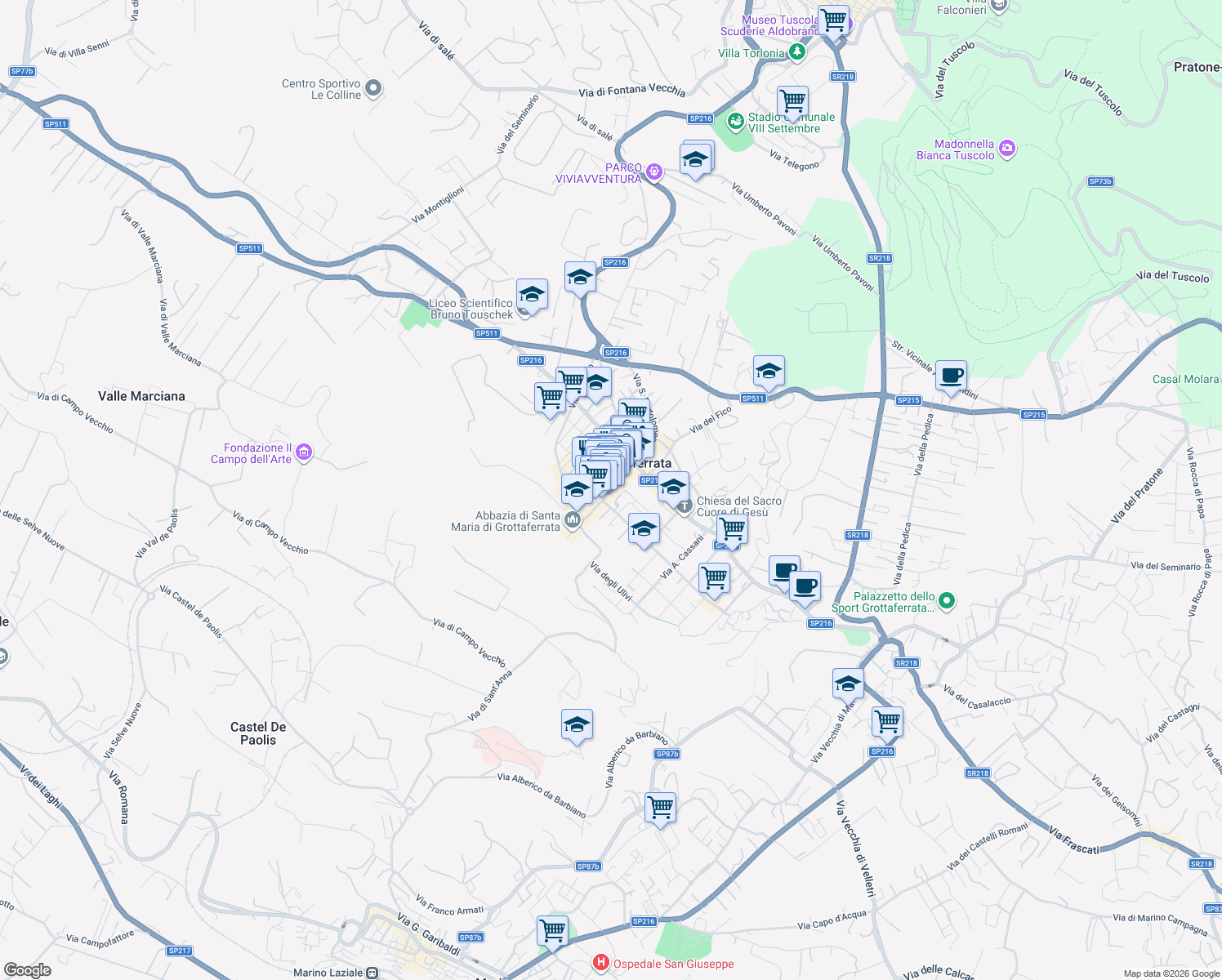 map of restaurants, bars, coffee shops, grocery stores, and more near 11 Corso del Popolo in Grottaferrata