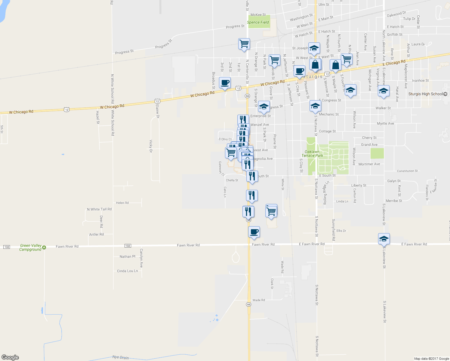 map of restaurants, bars, coffee shops, grocery stores, and more near 1050 Cato Lane in Sturgis