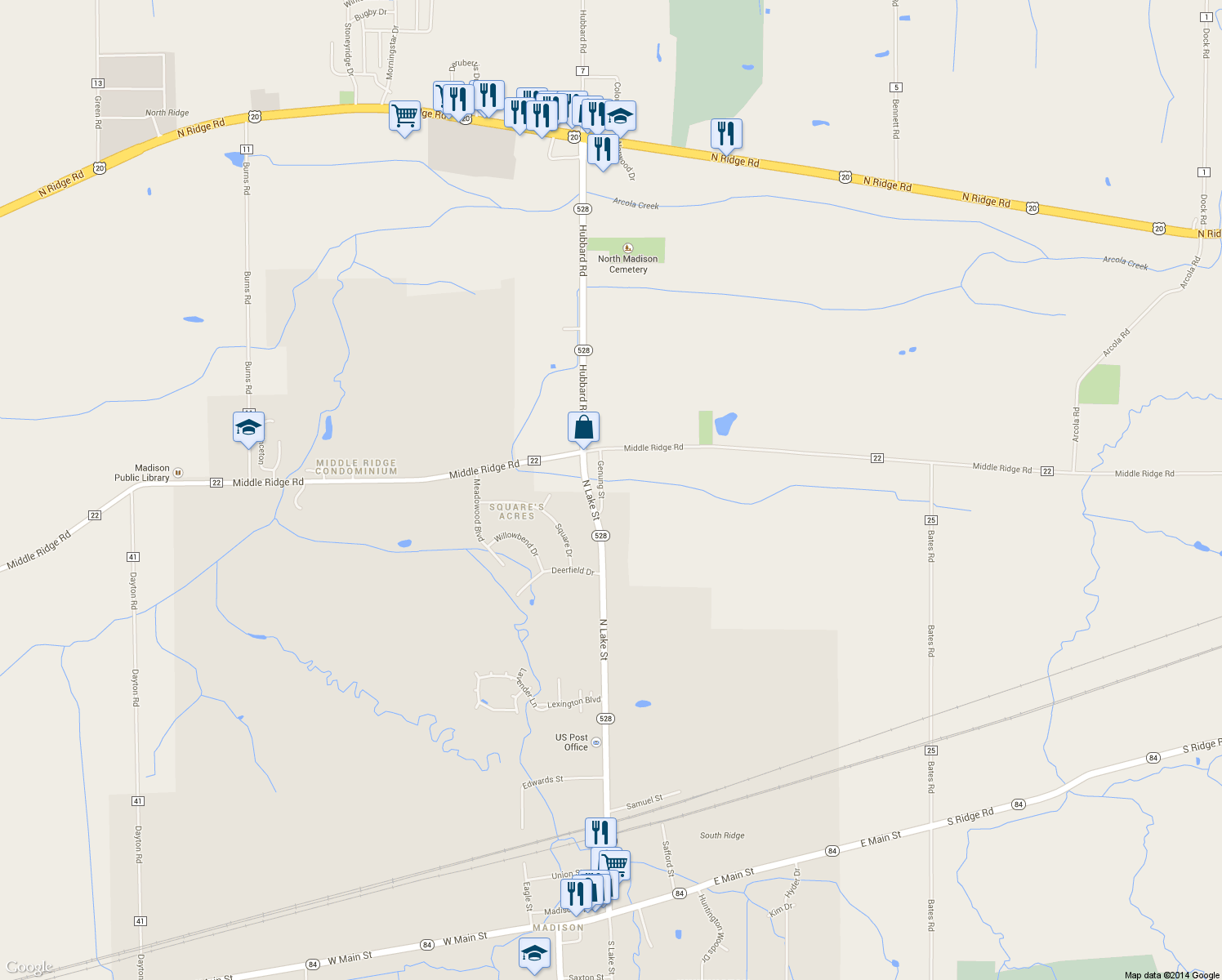 map of restaurants, bars, coffee shops, grocery stores, and more near 3141 Genung Street in Madison