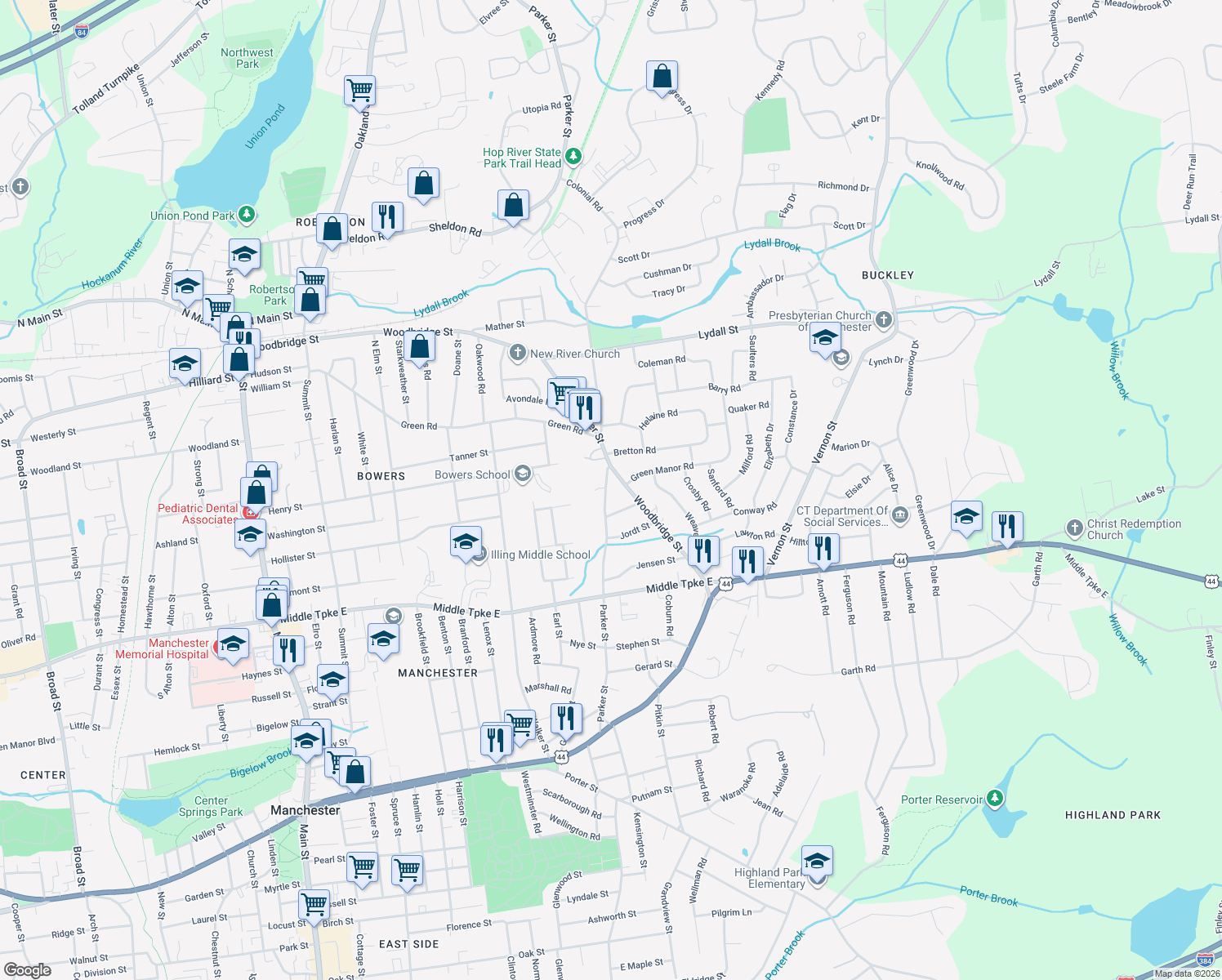 map of restaurants, bars, coffee shops, grocery stores, and more near 367 Parker Street in Manchester